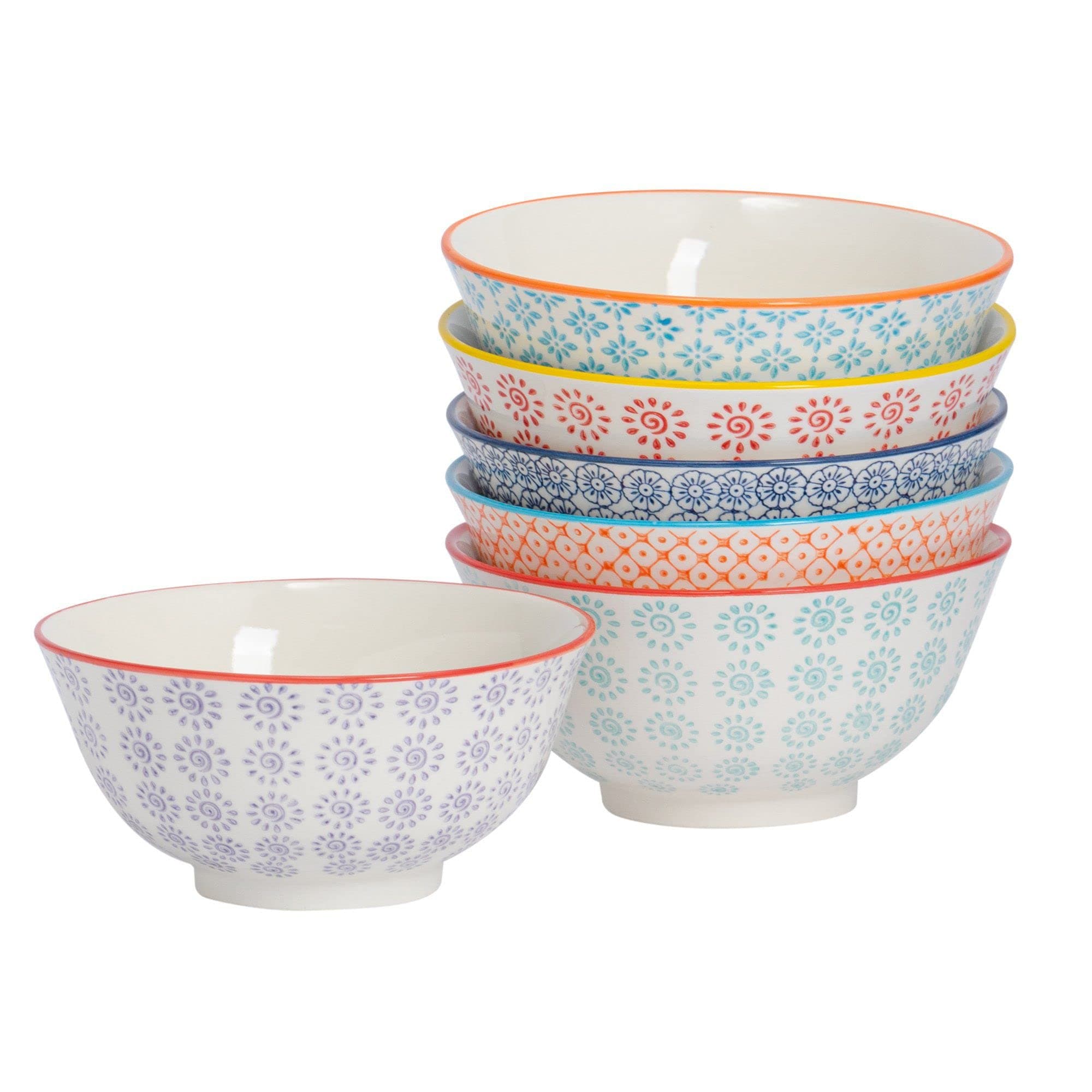 Patterned Cereal Bowls - 6 Colours - 16cm - Pack of 6 - Hand Printed Japanese Style Porcelain Serving Bowls for Dessert, Pasta, Cereal, Salad, Noodles, Soup
