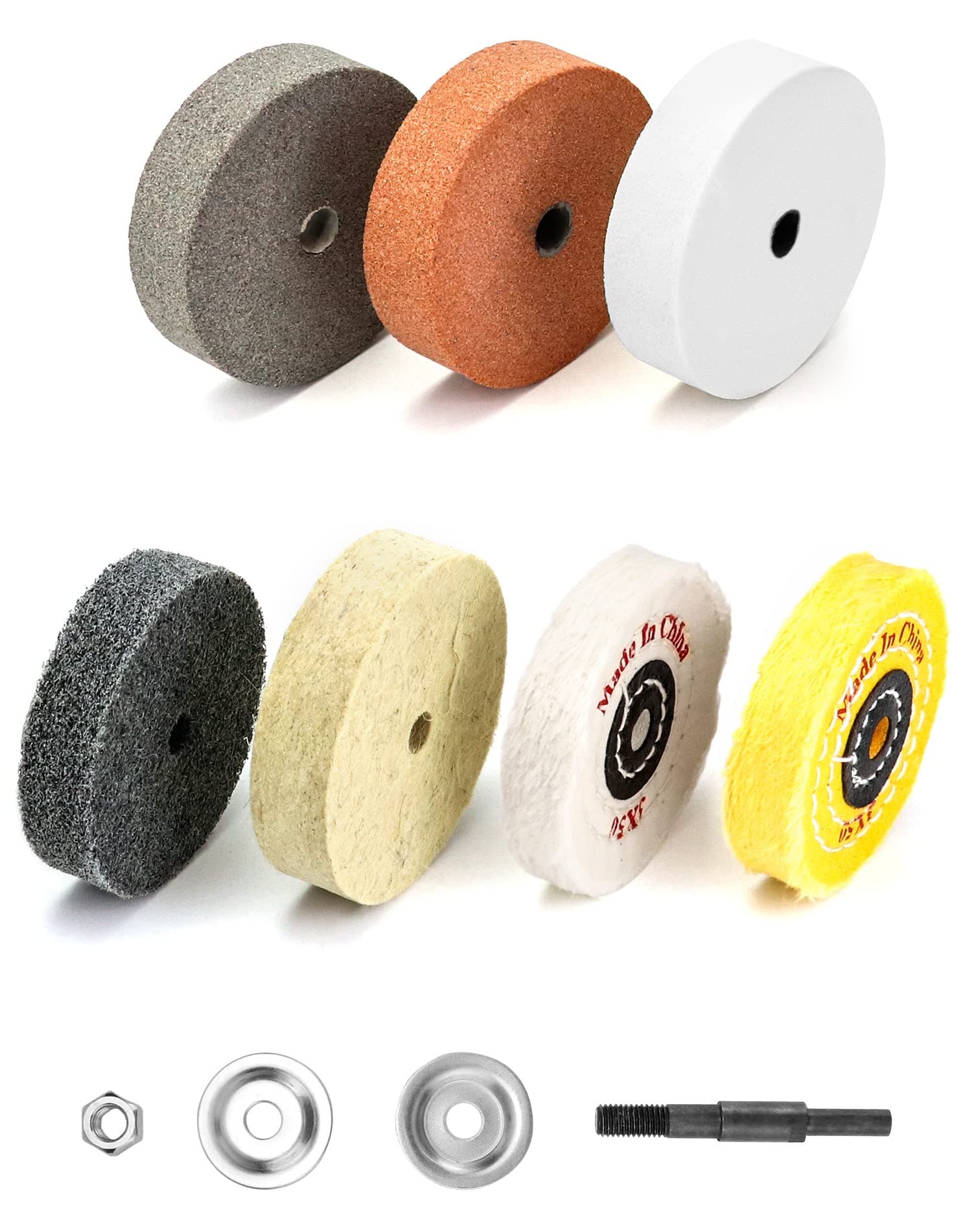 QWORK® Buffing Wheel Kit, 7 Pcs Polishing Wheels with Drill Shaft Adapter for Mini Grinder/Bench Grinder, Grinding Wheel/Fiber/Wool/Cotton Buffing Wheel 3 Inch O.D. 3/8 Inch I.D. (Ø75xø10x20mm)