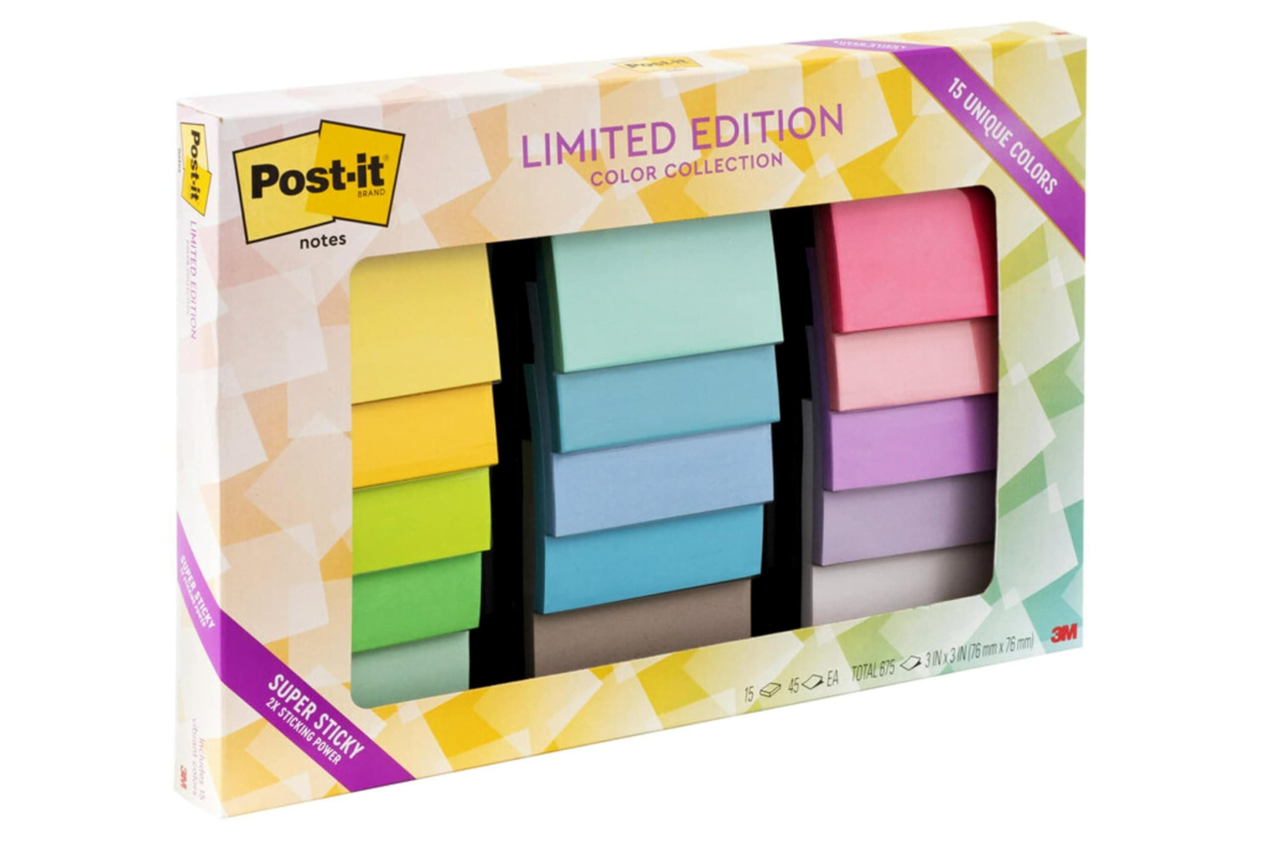 Super Sticky Notes, Limited Edition Color Collection, 3x3 in, 15 Pads/Pack, 45 Sheets/Pad
