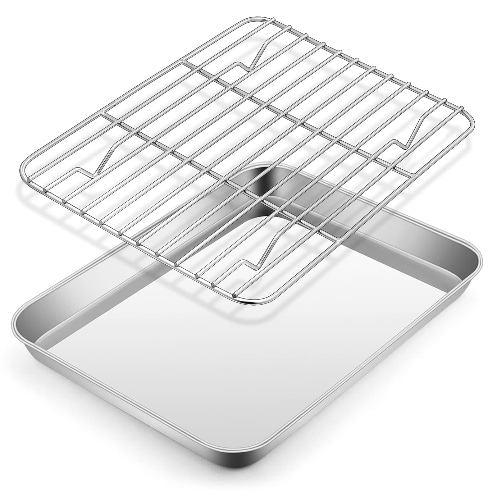 Metal Toaster Oven Tray Set, E-far 10.5”x8.3” Small Stainless Steel Baking Pan with Wire Rack for Cooking Broiling, Rimmed Metal Sheet for Roasting Cooling Cookie Bacon Steak