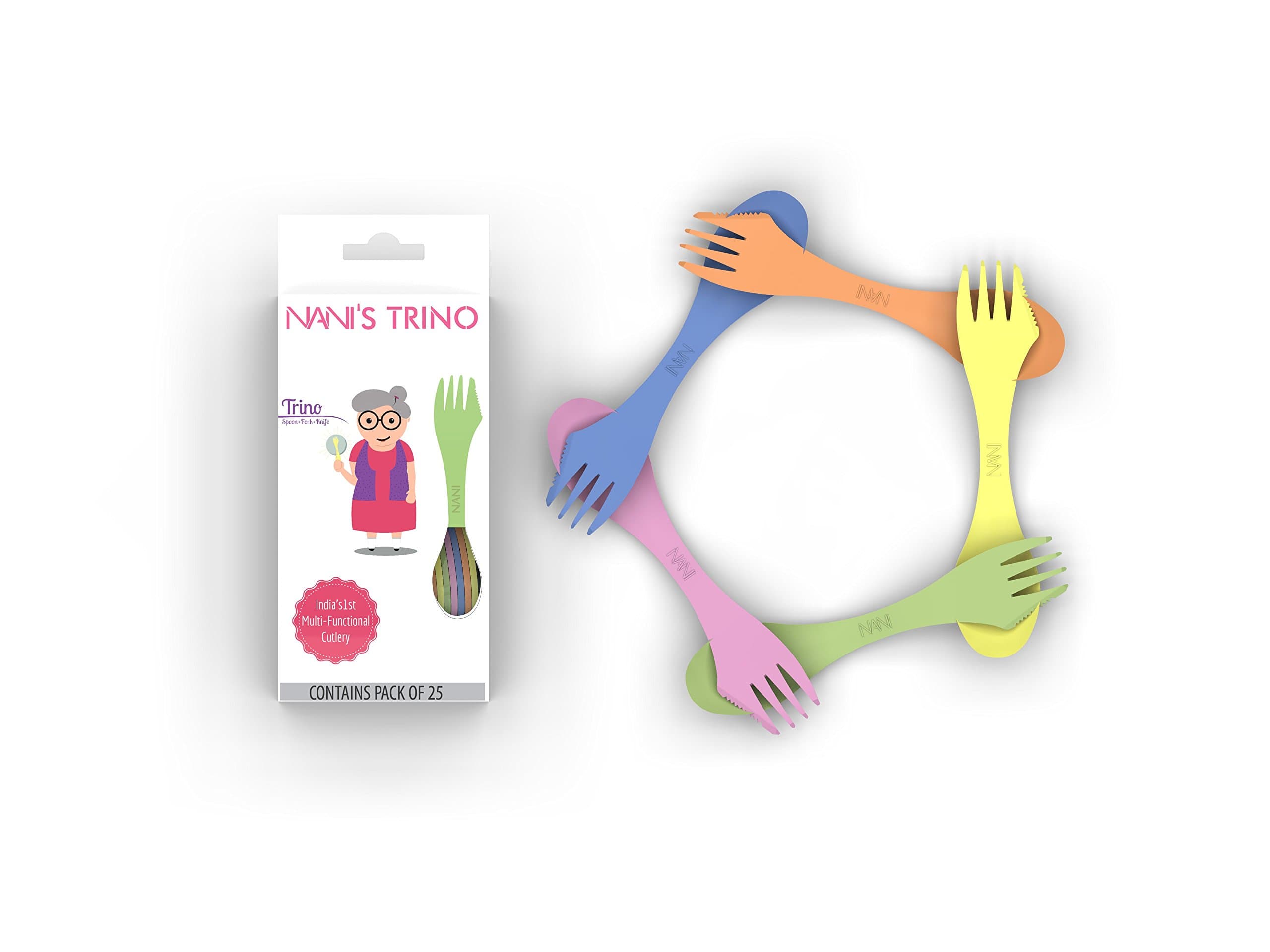 Nani's Trino (Spoon, Fork and Knife Set), India's 1 st Multifunctional Cutlery, Spork, Tableware, Dinnerware & Kitchenware Accessories (Pack of 25) (Multicolor) (Big Size)