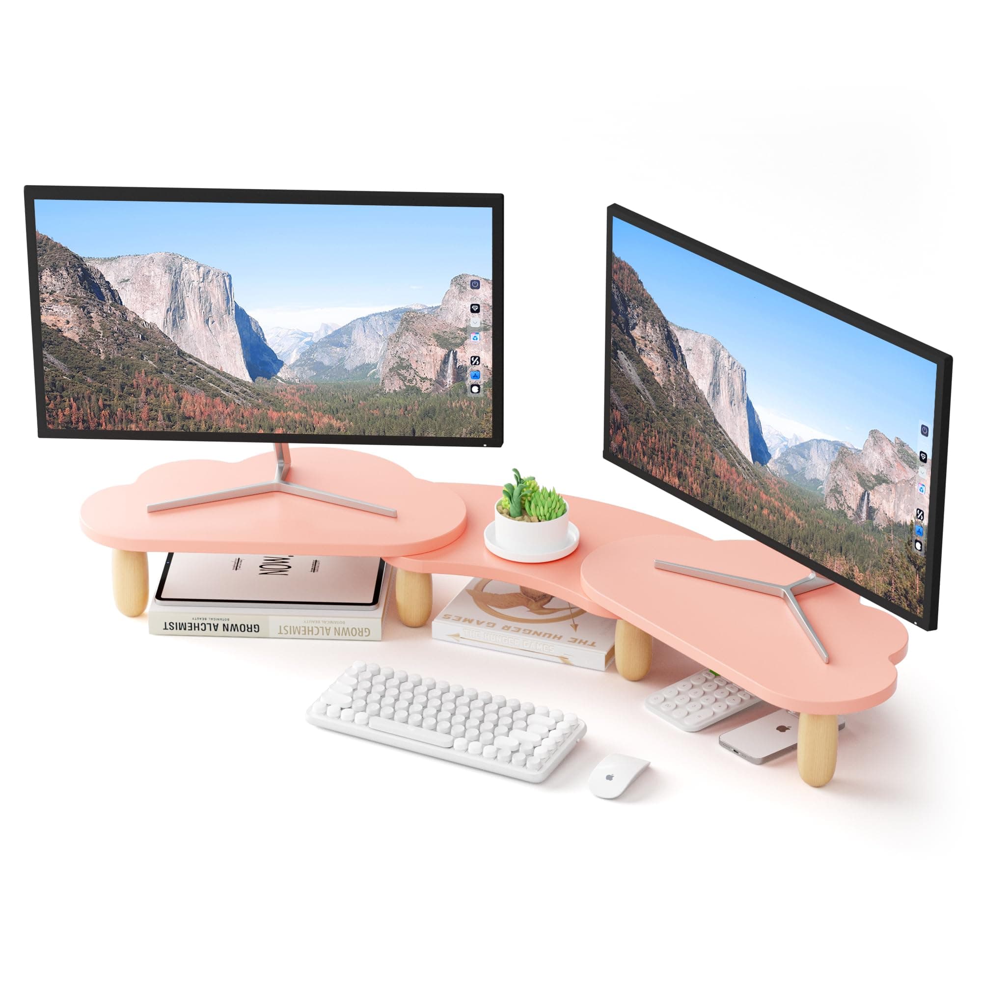Dual Monitor Stand Riser, Adjustable Rainbow Cloud Desktop Organizer for 2 Monitors, Flexible Length & Angle Computer Stand for Laptop, PC, Printer, Home Office Use - Pink