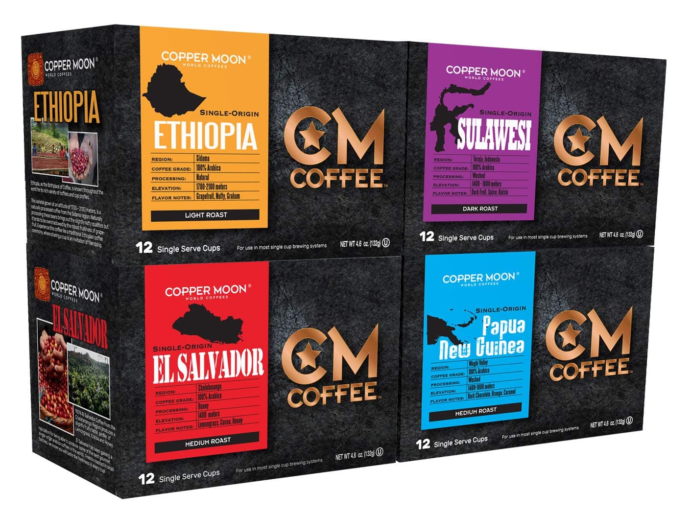 Copper Moon Coffee Single Serve Pods for Keurig 2.0 K-Cup Brewers, Variety Pack Single Origin (12 Ethiopian, 12 Sulawesi, 12 El Salvador, 12 Papua New Guinea) 48 Count