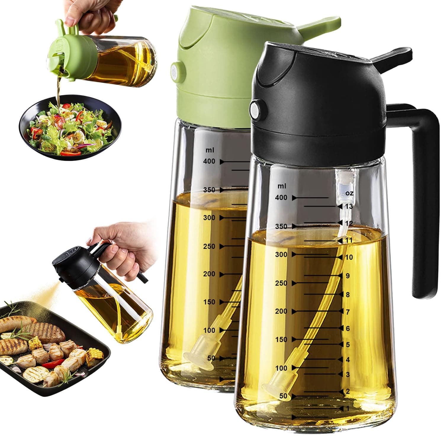 16oz Oil Dispenser Bottle for Kitchen - 2 in 1 Olive Oil Dispenser and Oil Sprayer - 470ml Olive Oil Bottle - Oil Sprayer for Cooking, Kitchen, Salad, Barbecue 2Pcs Green&Black