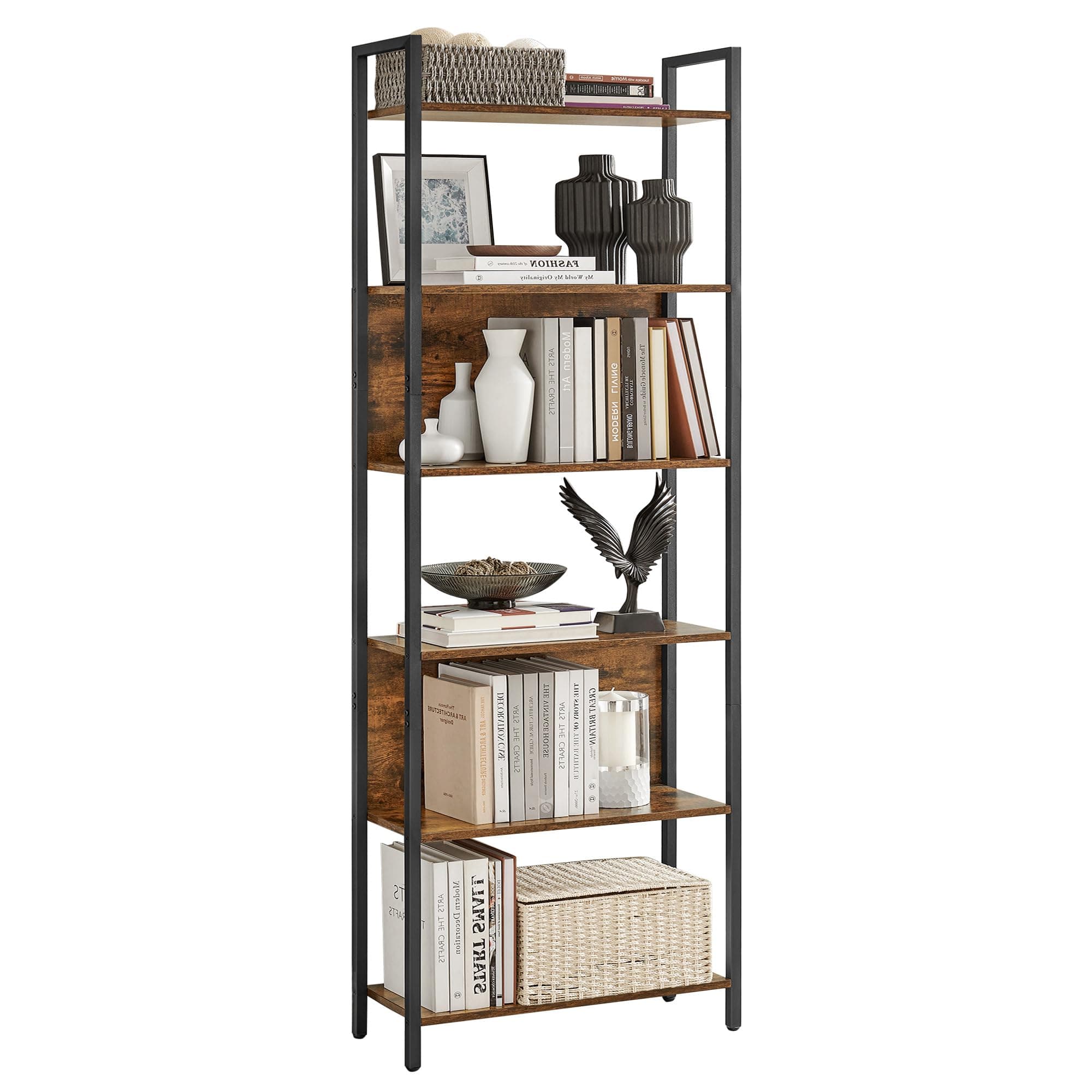 LLS113B01 Bookcase, Kitchen Shelf, Standing Shelf with 6 Open Shelves, Hallway, Kitchen, Office, Sturdy Steel Frame, Industrial Design, 24 x 60 x 186 cm, Vintage Brown/Ink Black