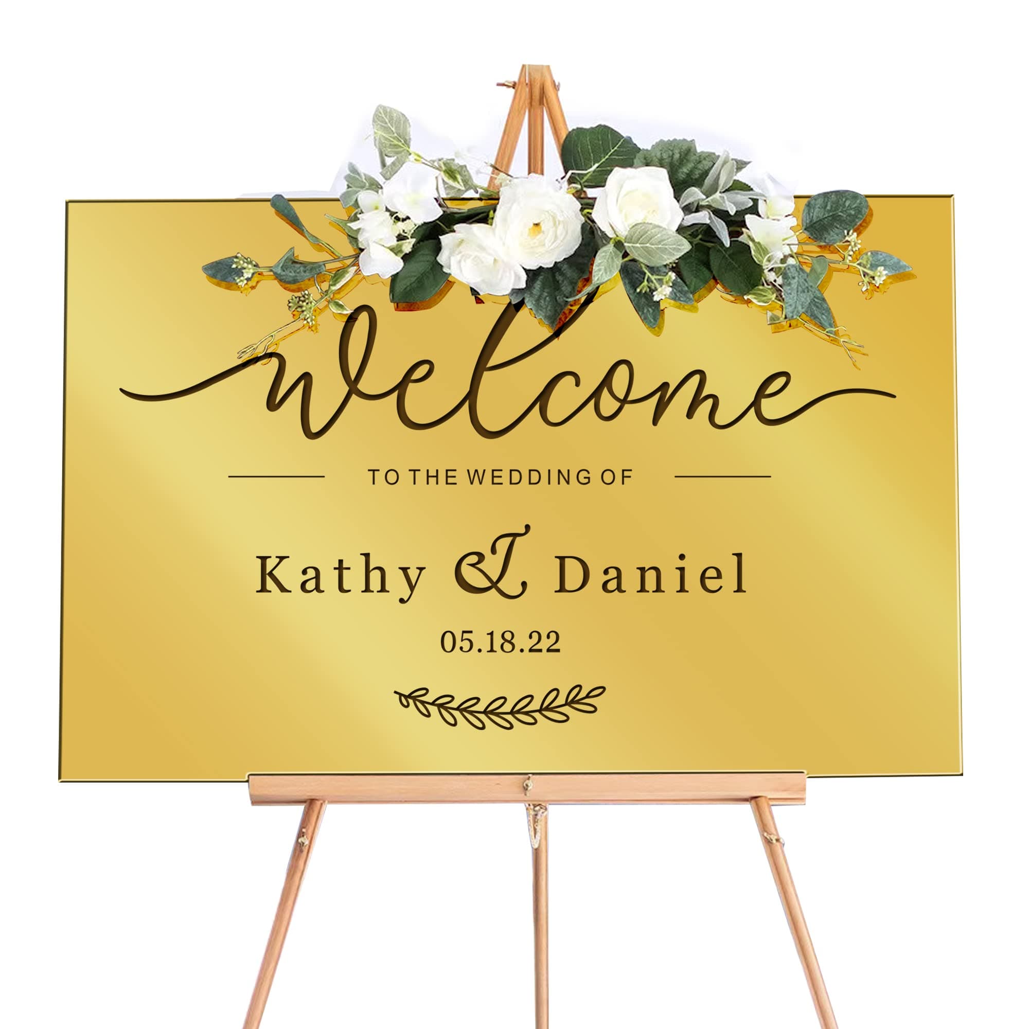 Personalized Wedding Welcome Sign Mirror Acrylic Wedding Signs Guide Plaque Wedding Decorations for Reception Welcome to Our Wedding Sign for Wedding Theme (Gold Design 2, 23x15.3in)
