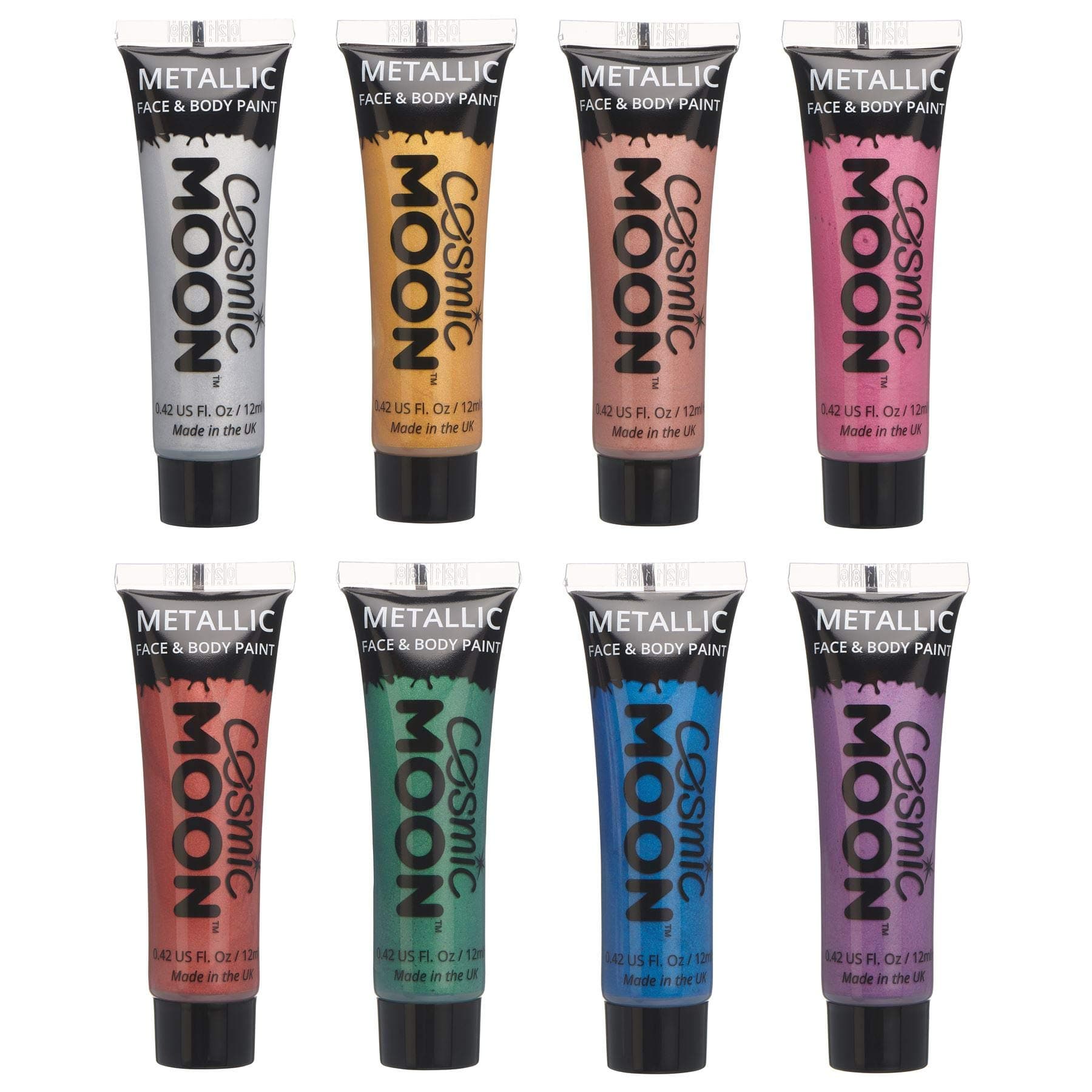 Face & Body Metallic Paint by Cosmic Moon - Water Based Face Paint Makeup for Adults, Kids - 12ml (Set of 8)