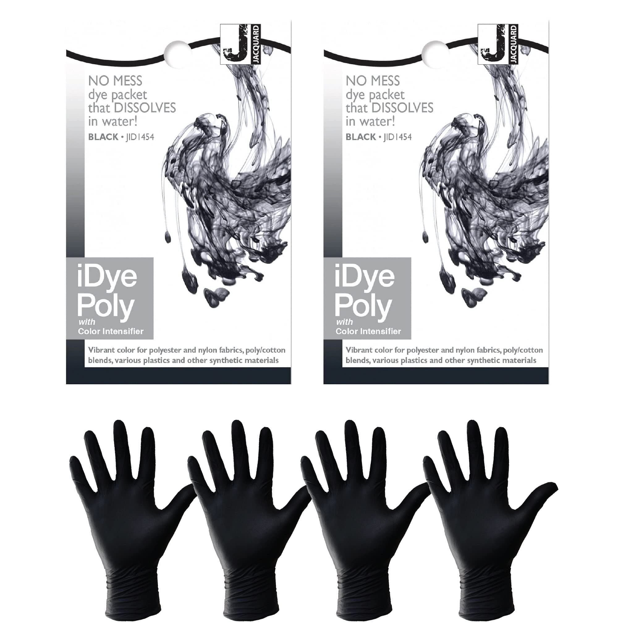 2 Pack Jacquard iDye Poly Synthetic Polyester Nylon Fabric Dye Black 14g/ 0.49oz with 4 Pieces Gloves