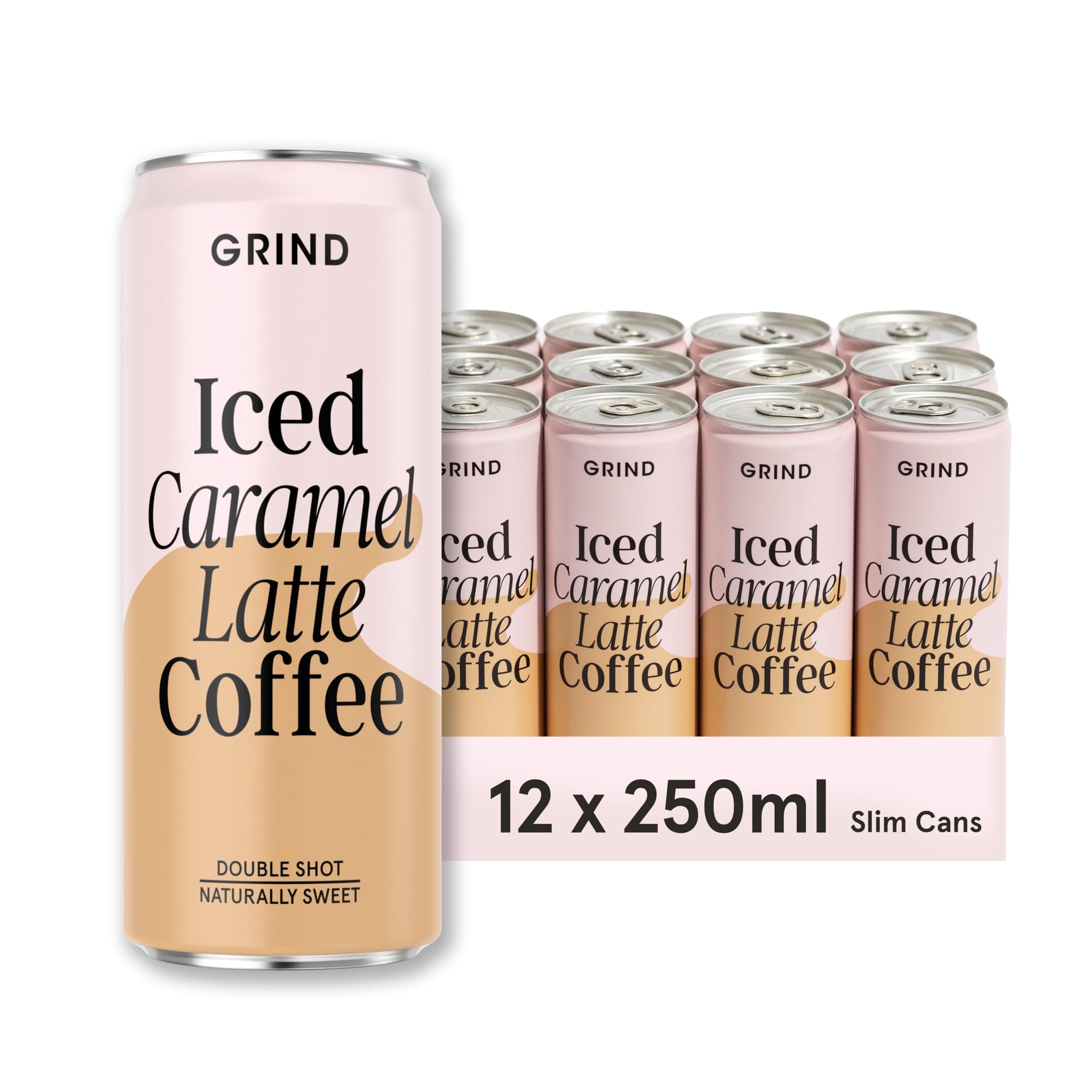 GrindIced Coffee Caramel Latte, Ready-To-Drink Cold Brew Coffee, 16 x 250ml, Refreshing Medium Roast With A Double Shot of Espresso, The Perfect Caffeine Boost