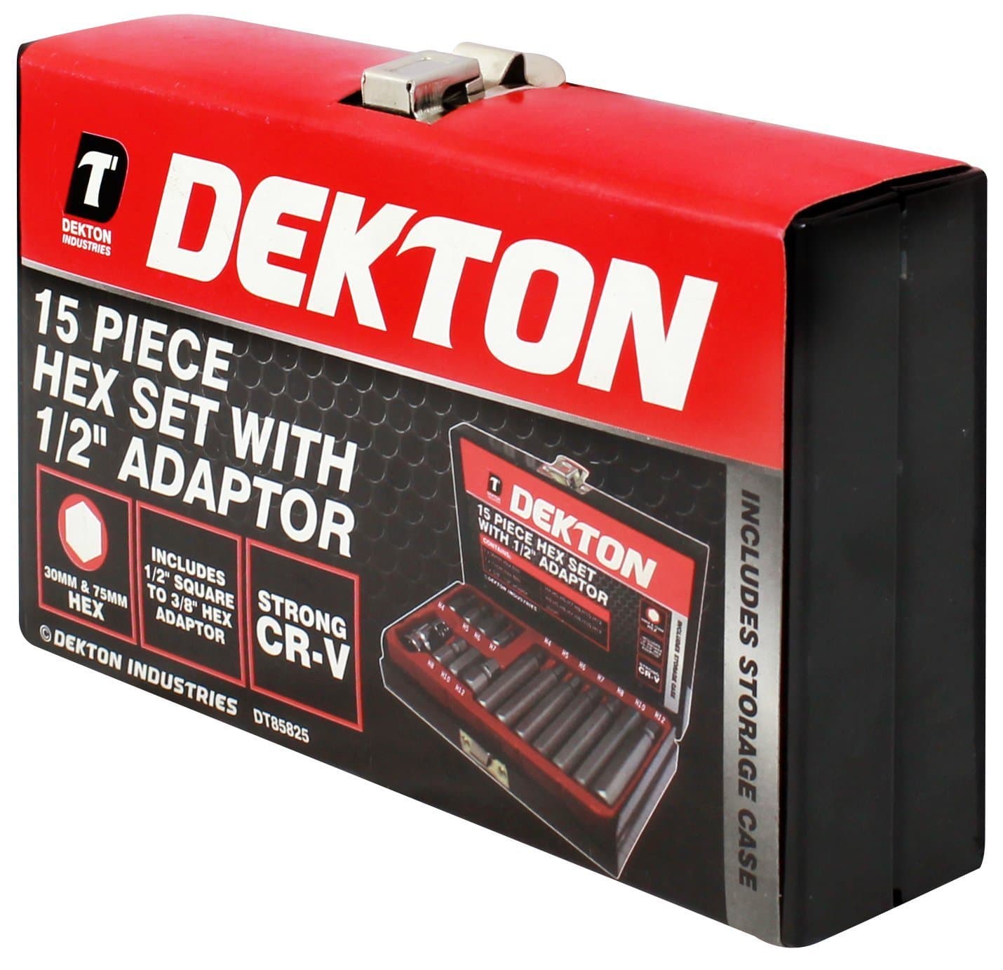 DEKTON DT85825 Hex Set with Adaptor, Black/Red, 1/2-inch, Set of 15 Piece