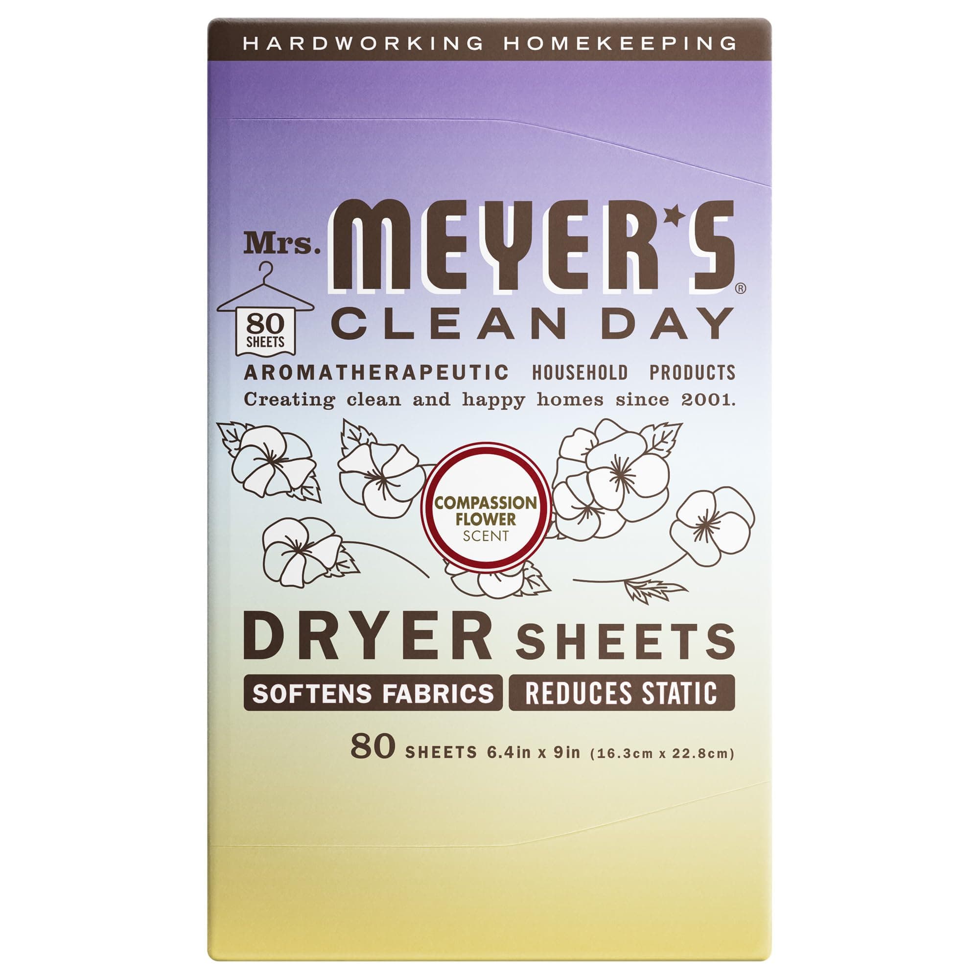MRS. MEYER'S CLEAN DAY Dryer Sheets, Fabric Softener, Reduces Static, Infused with Essential Oils, Compassion Flower, 80 Count