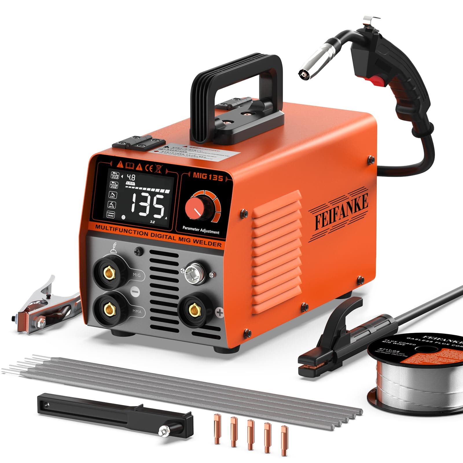 FEIFANKE Gasless MIG Welders 240V 135A Portable Welding Machine 3-in-1 MIG/ARC/Lift TIG Inverter Welder IGBT Synergy Stick Welder Smart Digital LED Dispaly with Flux Core Welding Wire and MIG Torch