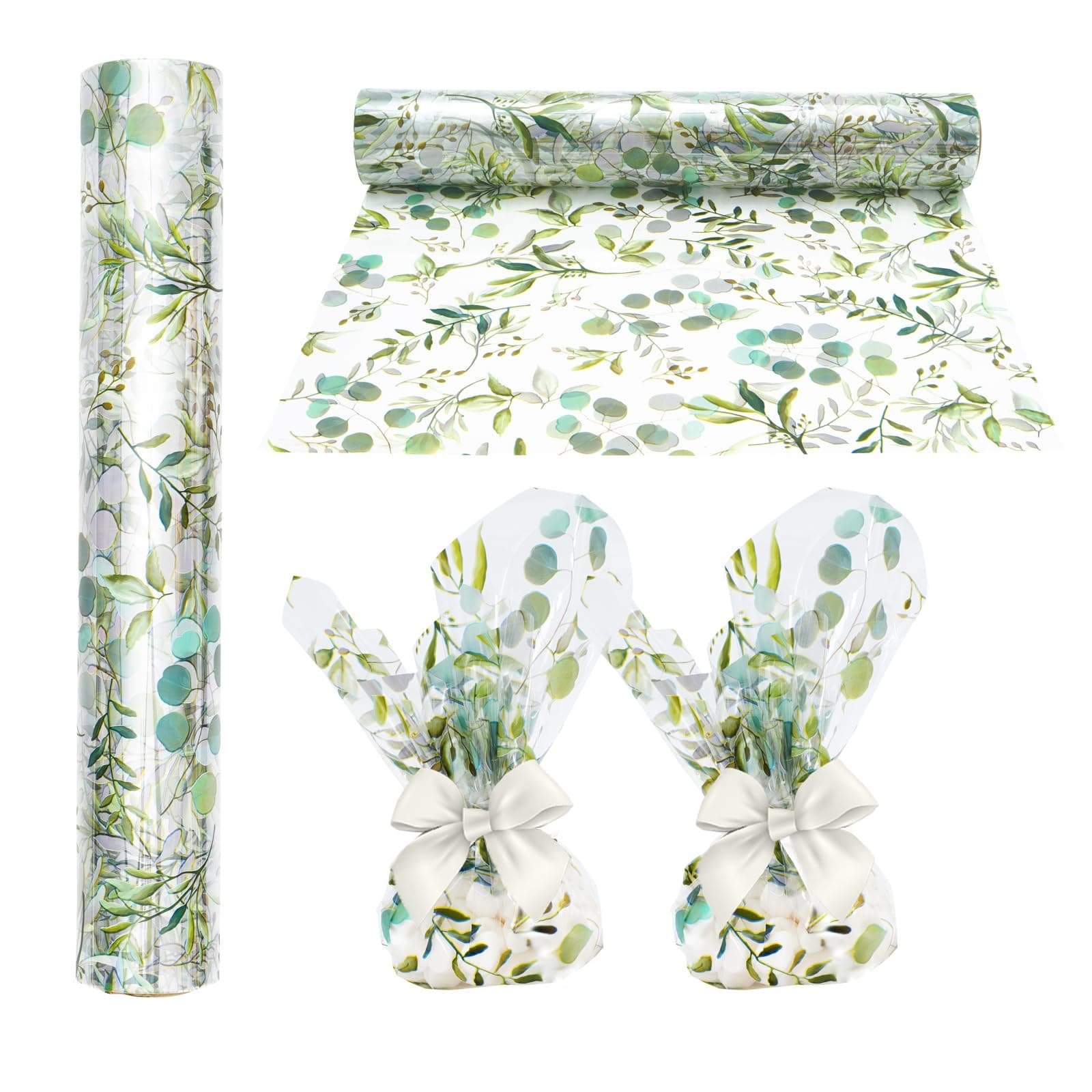 Whaline Eucalyptus Cellophane Wrap Roll Greenery Clear Wrapping Paper Green Leaves Plastic Gift Basket Wrap for Wedding Birthday Baby Shower Party Candy Treat DIY Craft Supplies, 32 Inch x 100 Ft