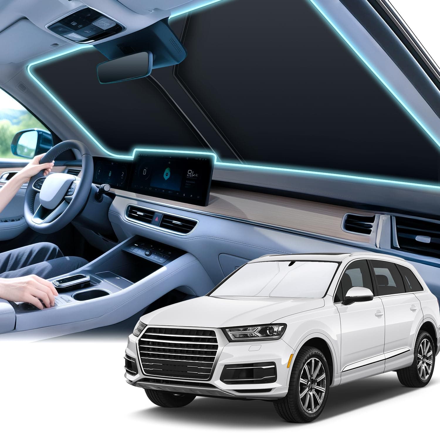 300T Universal Car Windshield Sun Shade, Foldable Reflective for Windshield & Window Shades with Overlapping Design, Car Interior Accessories (55" L x 26.7" W)