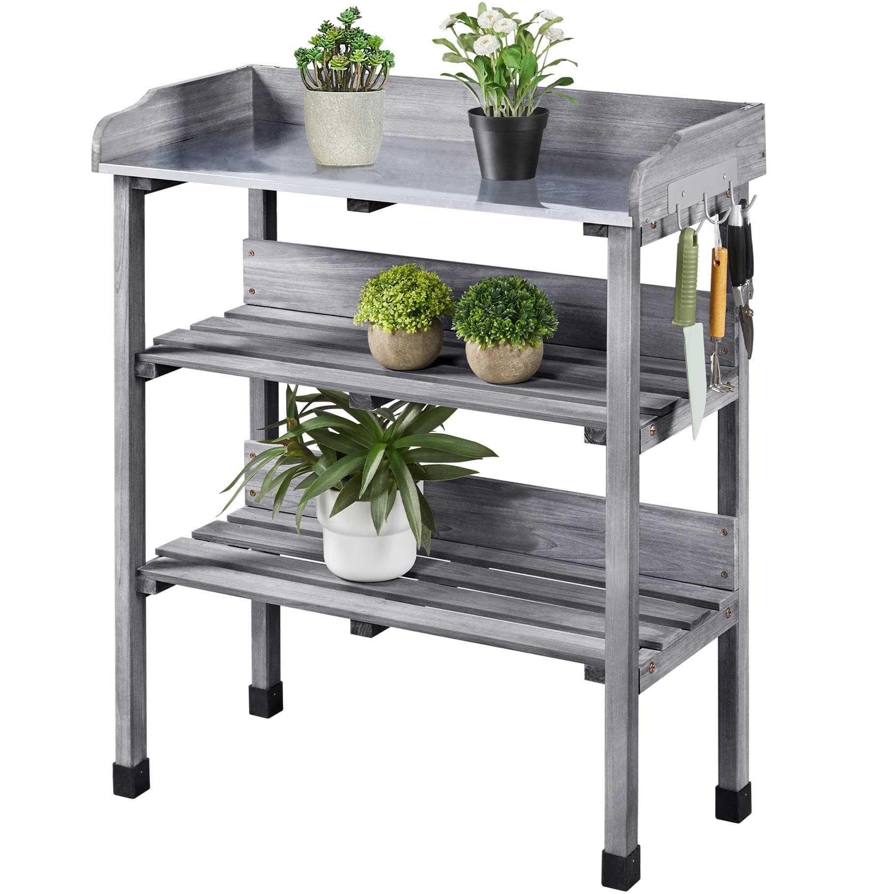 Yaheetech Garden Potting Table Outdoor Potting Bench W/Storage Shelf W/Metal Tabletop W/Hook 3 Shelves Workstation Work Benches Station for Backyard Gray