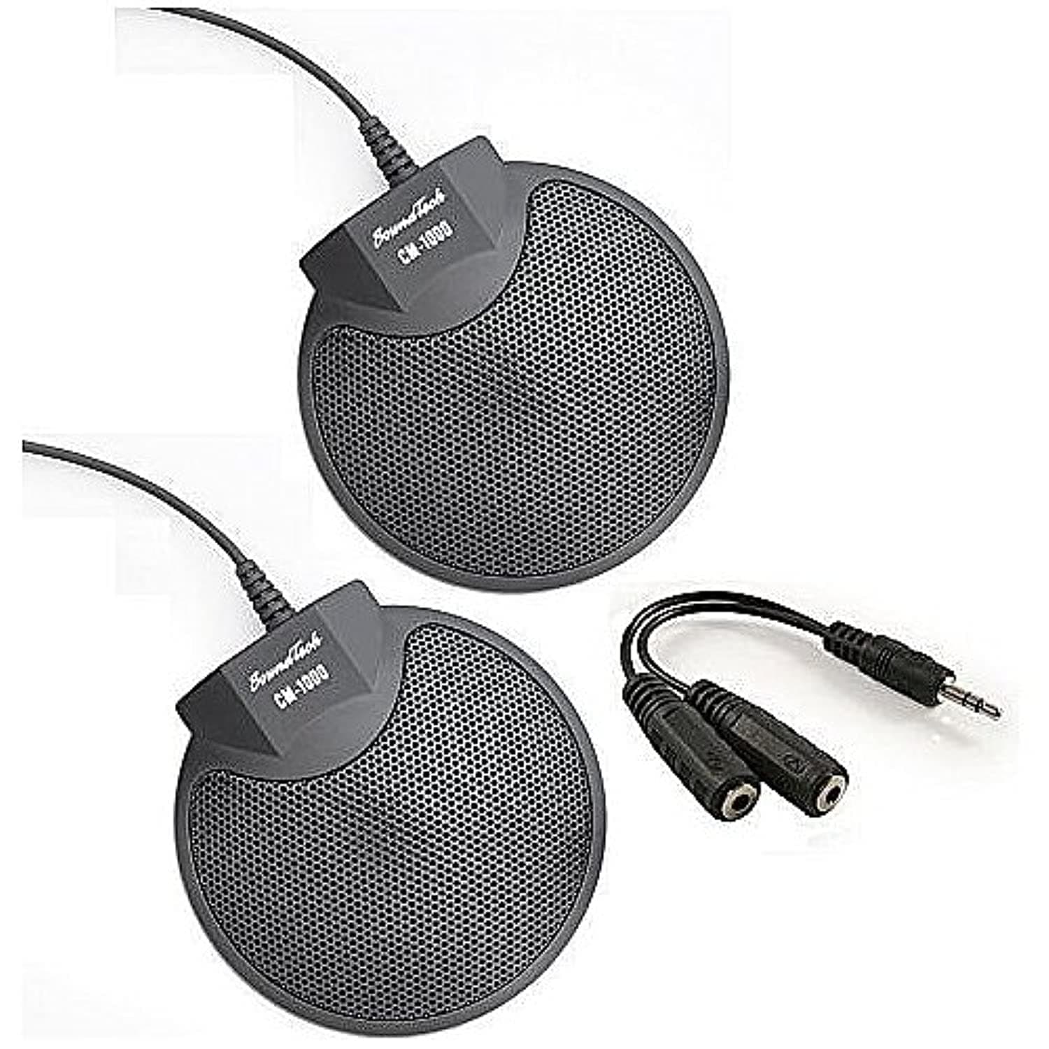 Sound Tech CM-1000X2-Y88 (Pack of 2) Table Top Conference Meeting Microphone with Omni-Directional Stereo 3.5mm Plug & Audio Spliter