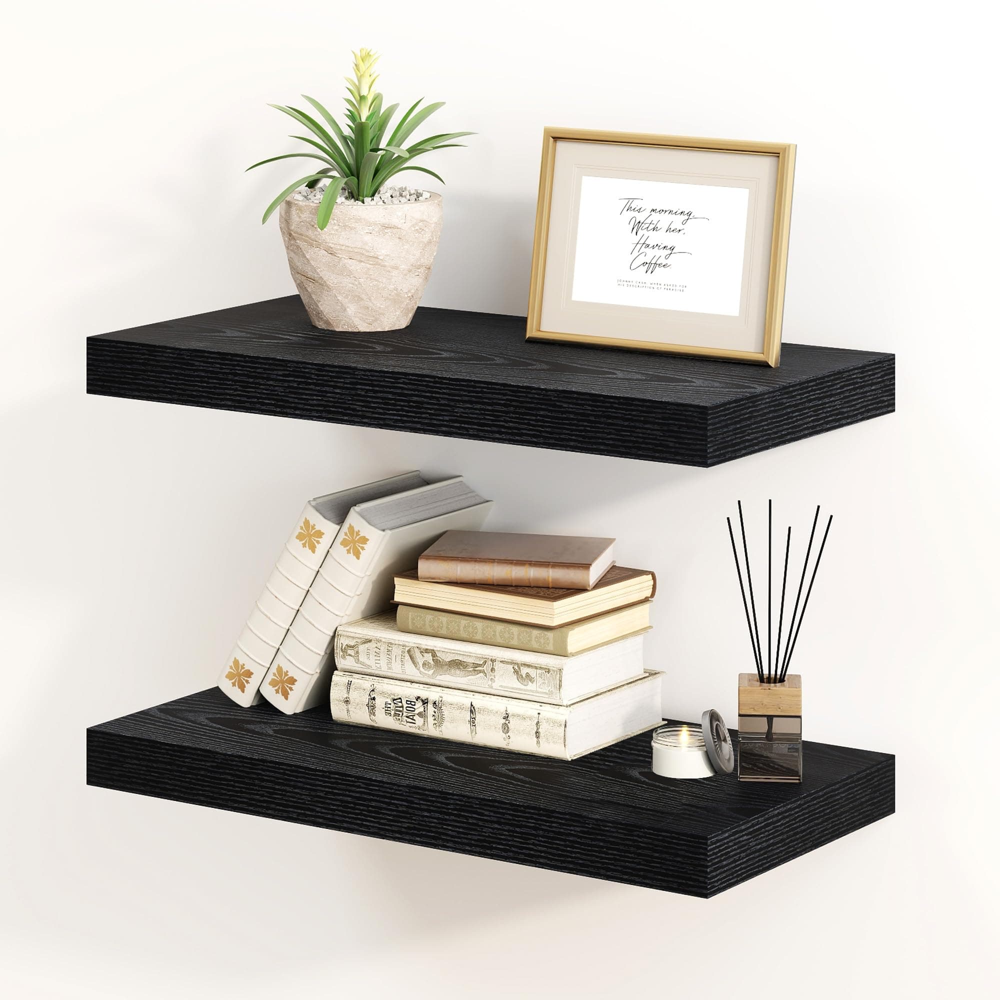 Fun Memories Black Floating Shelves 16 Inch Long, 8 Deep Floating Shelf Wall Mounted, 16 x 8 Inch Wooden Bathroom Shelves, Deep Storage Shelves for Living Room, Kitchen, Set of 2