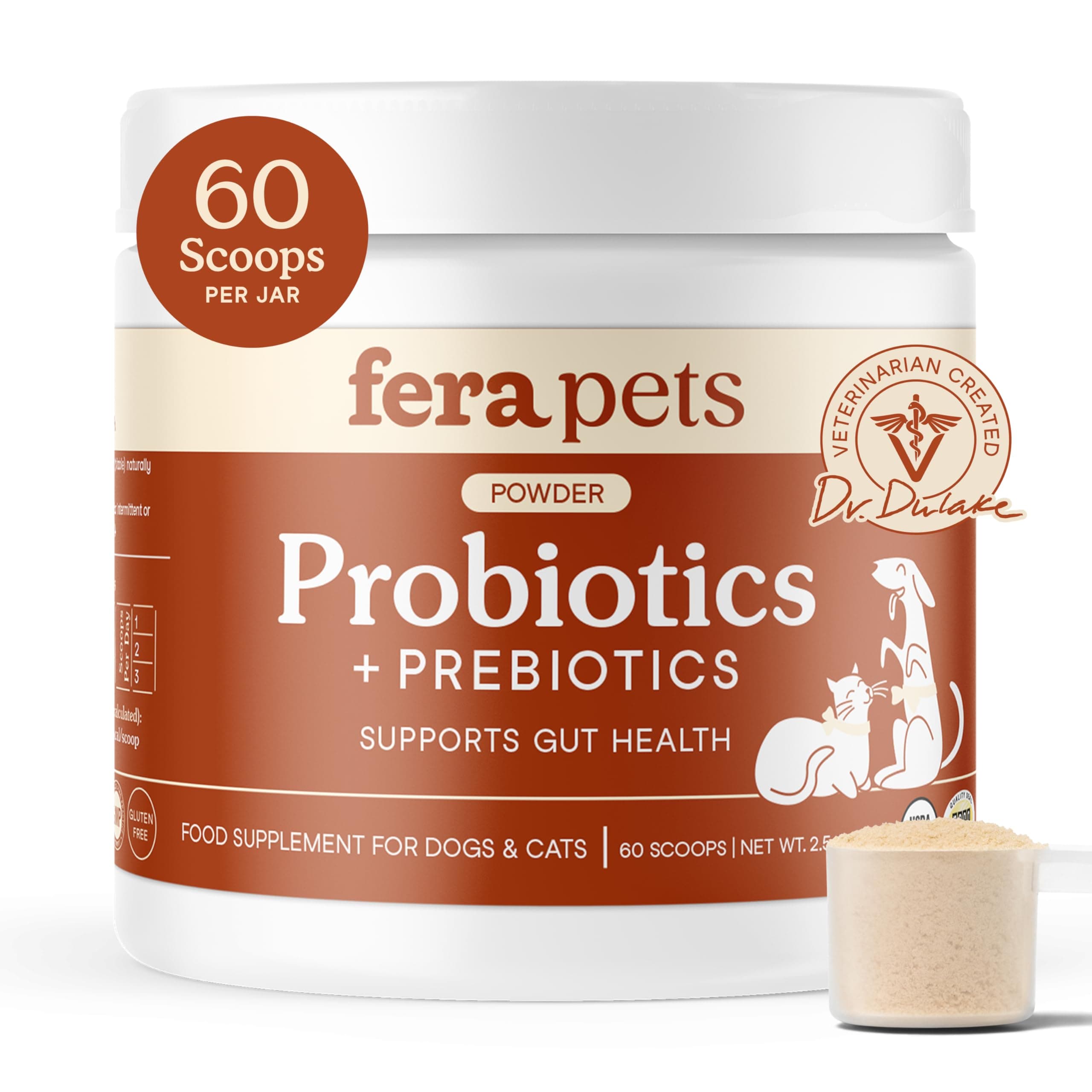 FERA Probiotics for Dogs and Cat Probiotics - Advanced Max-Strength Vet Formulated - All Natural Pet Probiotics Powder - Made in the USA - 5 Billion CFUs Per Scoop