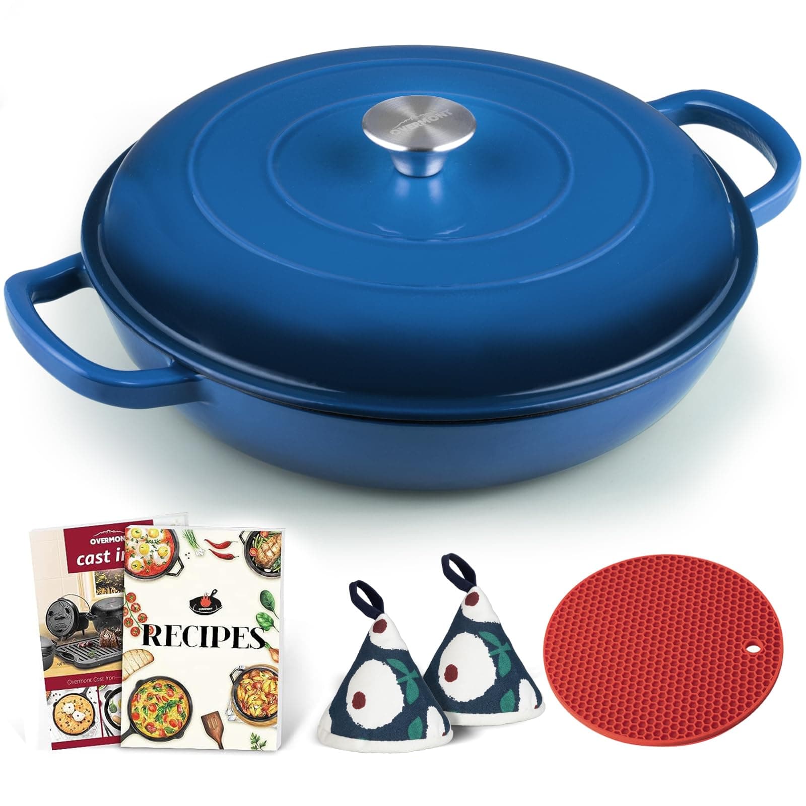 Overmont Enameled Cast Iron Dutch Oven - 3.8 Quart Dutch Oven Pot with Lid - Shallow Cookware Braising Pan - Cast iron Casserole with Cookbook & Heat-resistant Caps - Oven Safe up to 500° F