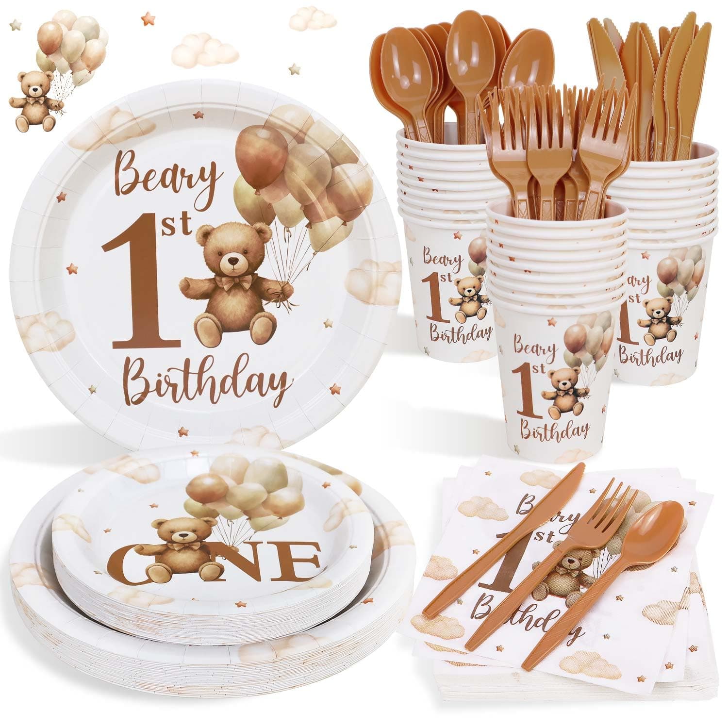 Beary First 1st Birthday Decorations Boy Plates Set, 175pcs Teddy Bear One Year Birthday Decorations Plates Napkins Cups Cutlery Set for 25 Guests