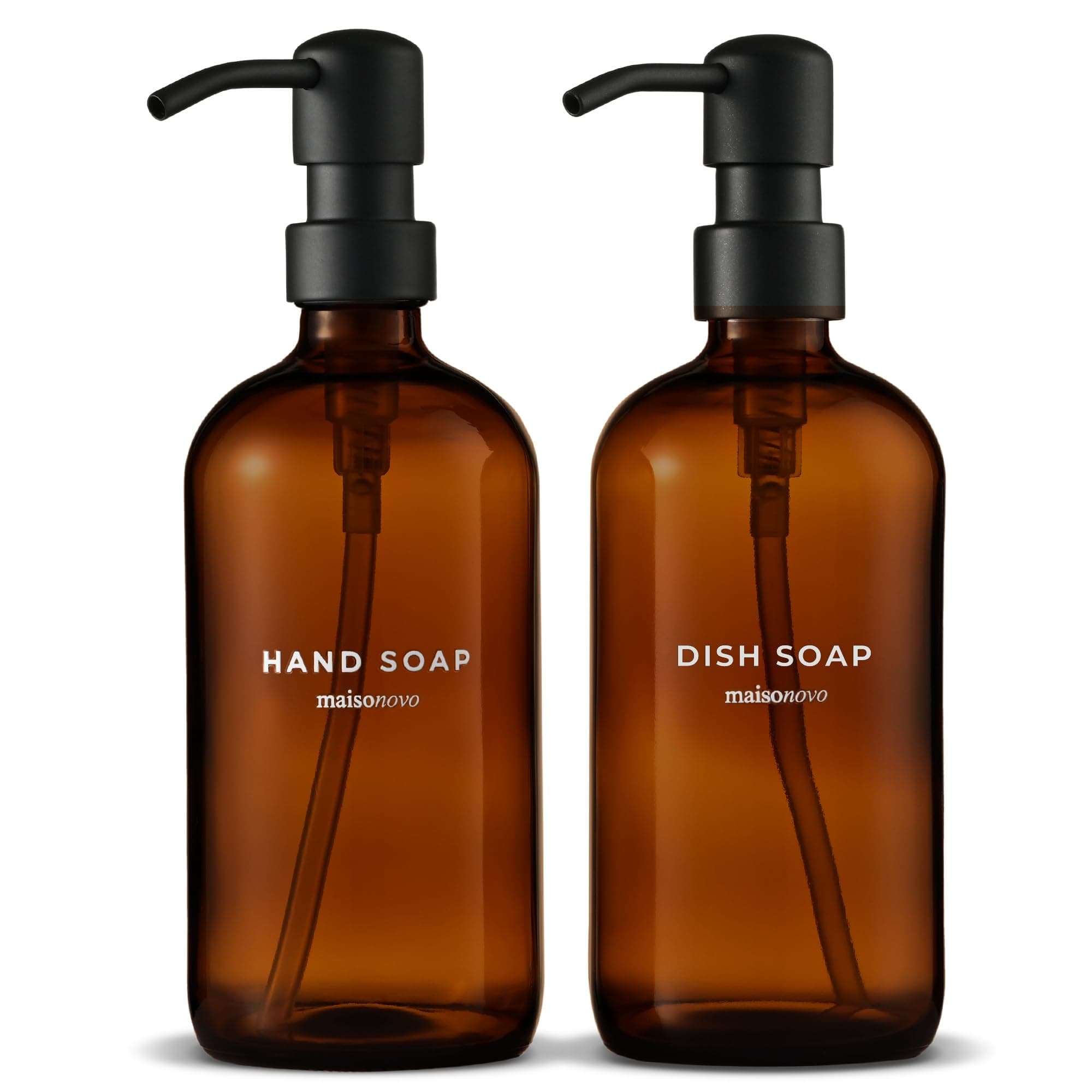 16 Oz Glass Soap Dispenser Bathroom 2 Pack w/Black Stainless Steel Pump | Amber Glass Soap Dispenser with Pump | Hand & Dish Soap Dispenser