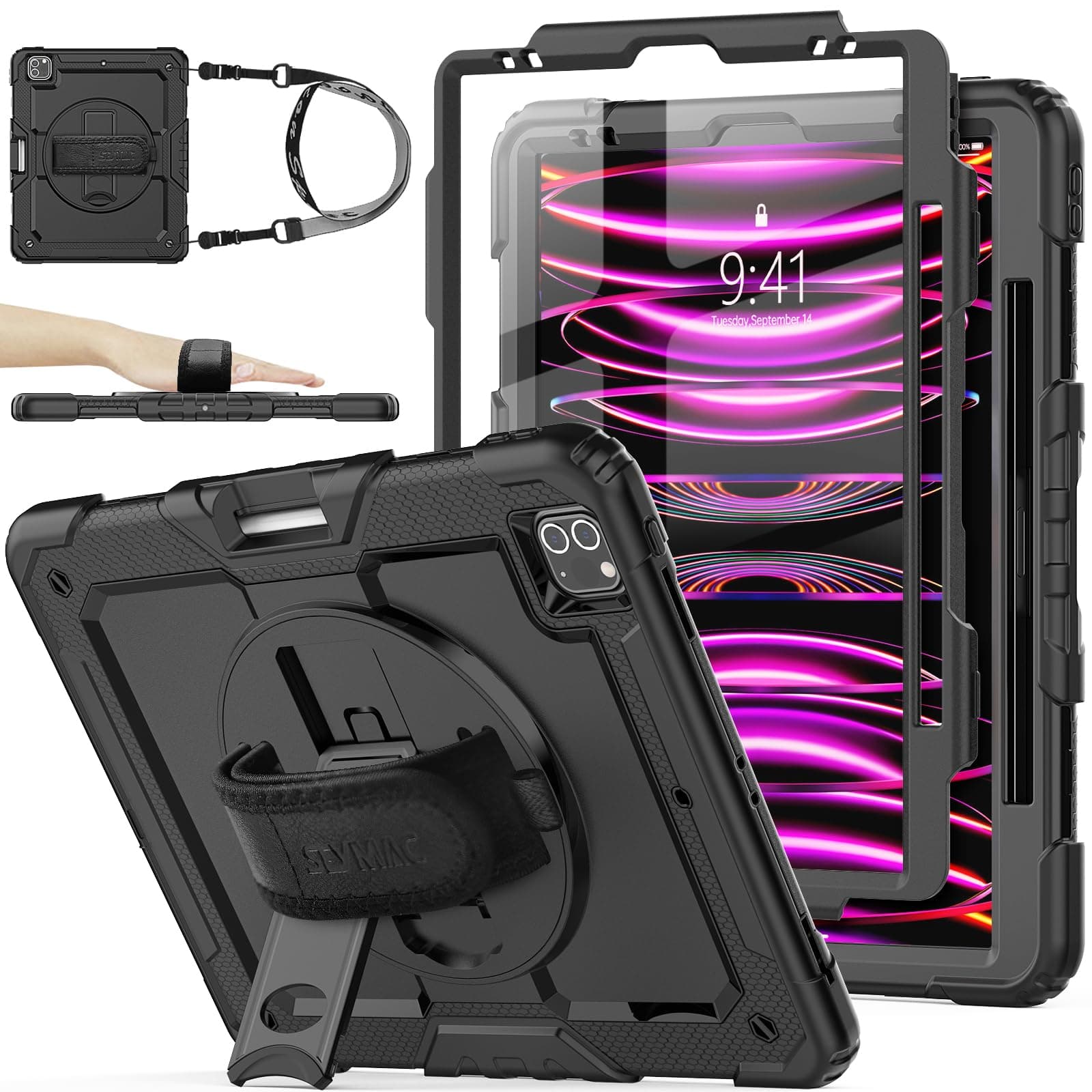 SEYMAC stock Case for iPad Pro 12.9'' 2022/2021/2020/2018 with Screen Protector 360 Rotating Stand Hand Strap, Drop-Proof Case for iPad Pro 12.9''(6th/5th/4th/3rd Generation), Black