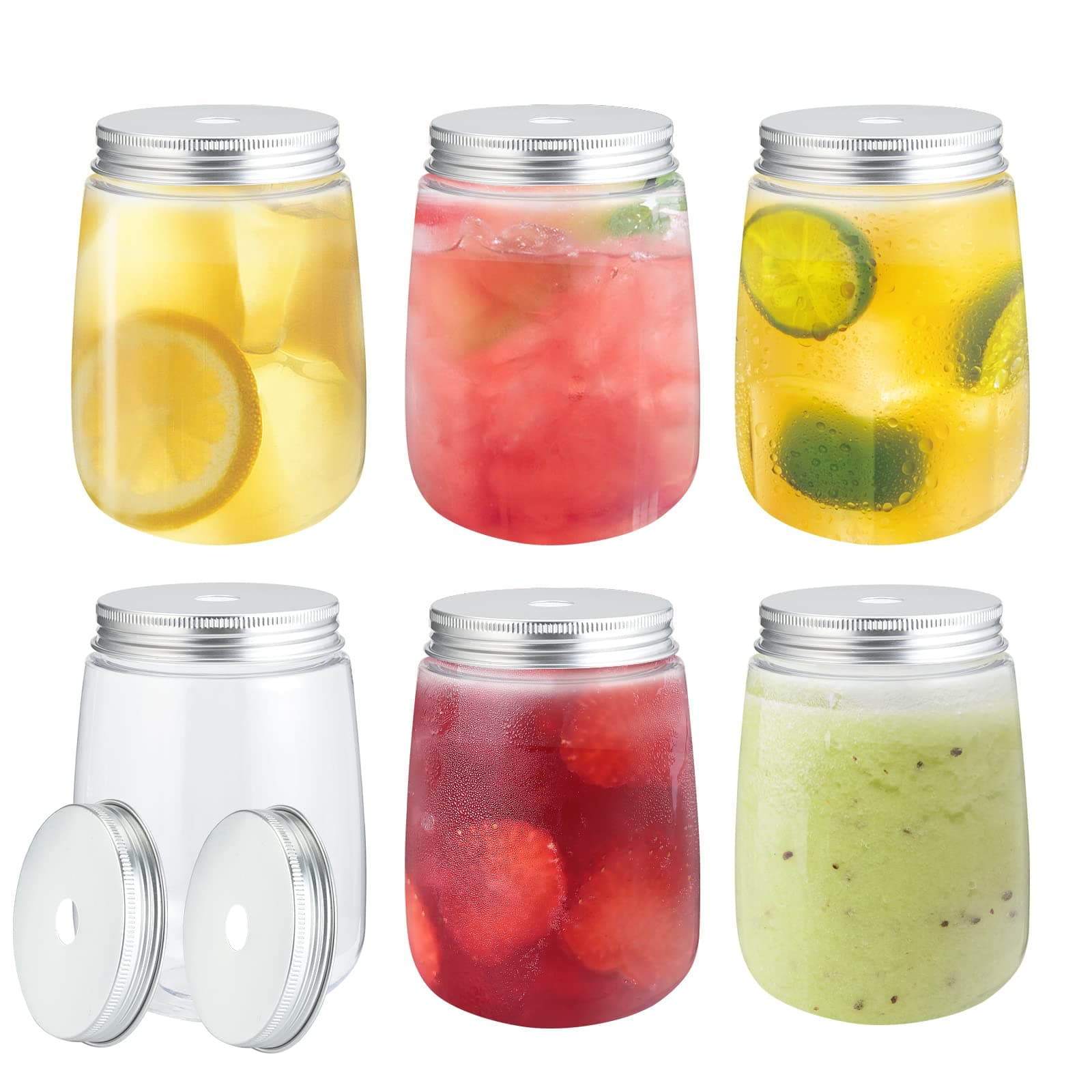 Lanthour Plastic Mason Drinking Jars, 6Pcs 500ml Reuse Plastic Fresh Juice Drinking Jars Jam Smoothies Bottles with Twist Lid & 25Pcs Paper Straws