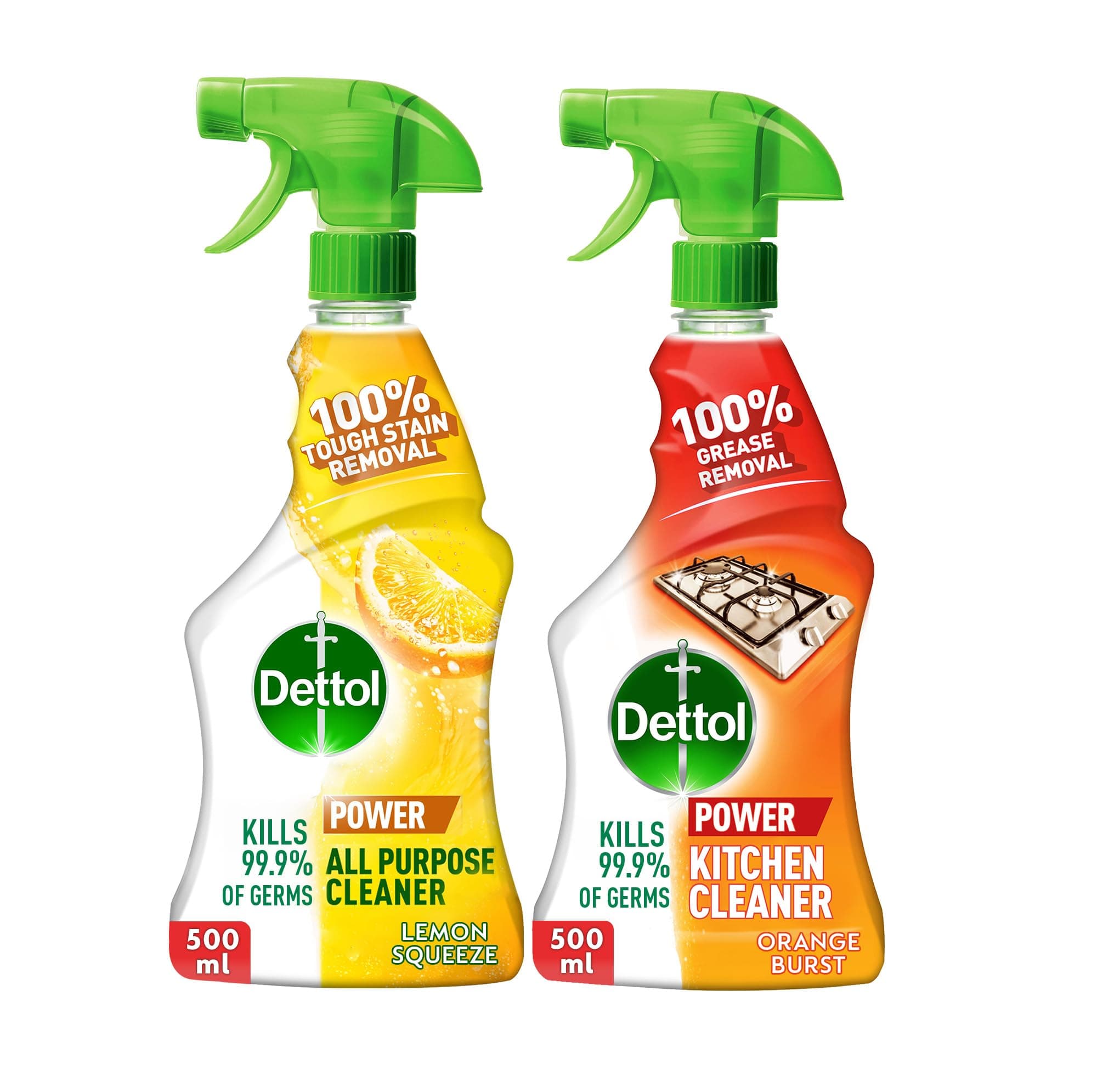 Dettol All Purpose Cleaner Spray Bottle, Lemon Scent + Dettol Kitchen Cleaner Spray Bottle, Orange Scent, 500 ml x 2