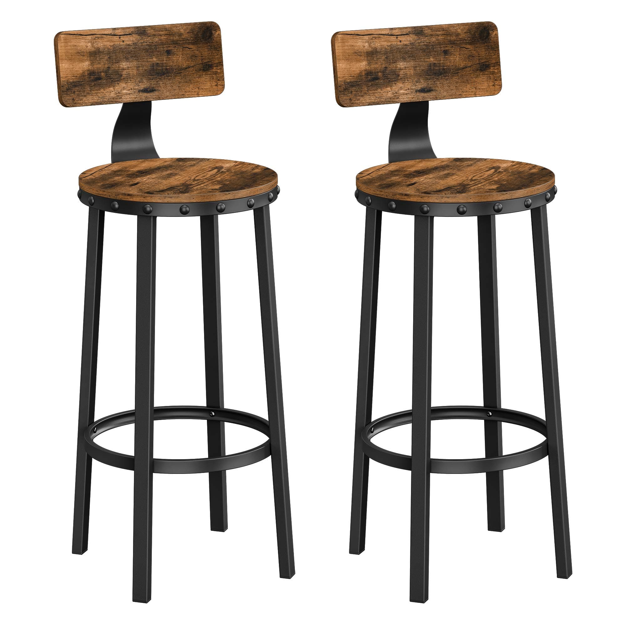 VASAGLE Set of 2 Tall Bar Stools, Bar Chairs with Backrest, Kitchen Stools, Heavy-Duty Steel Frame, 73 cm High Seat, Easy Assembly, Industrial, Rustic Brown and Black LBC026B01