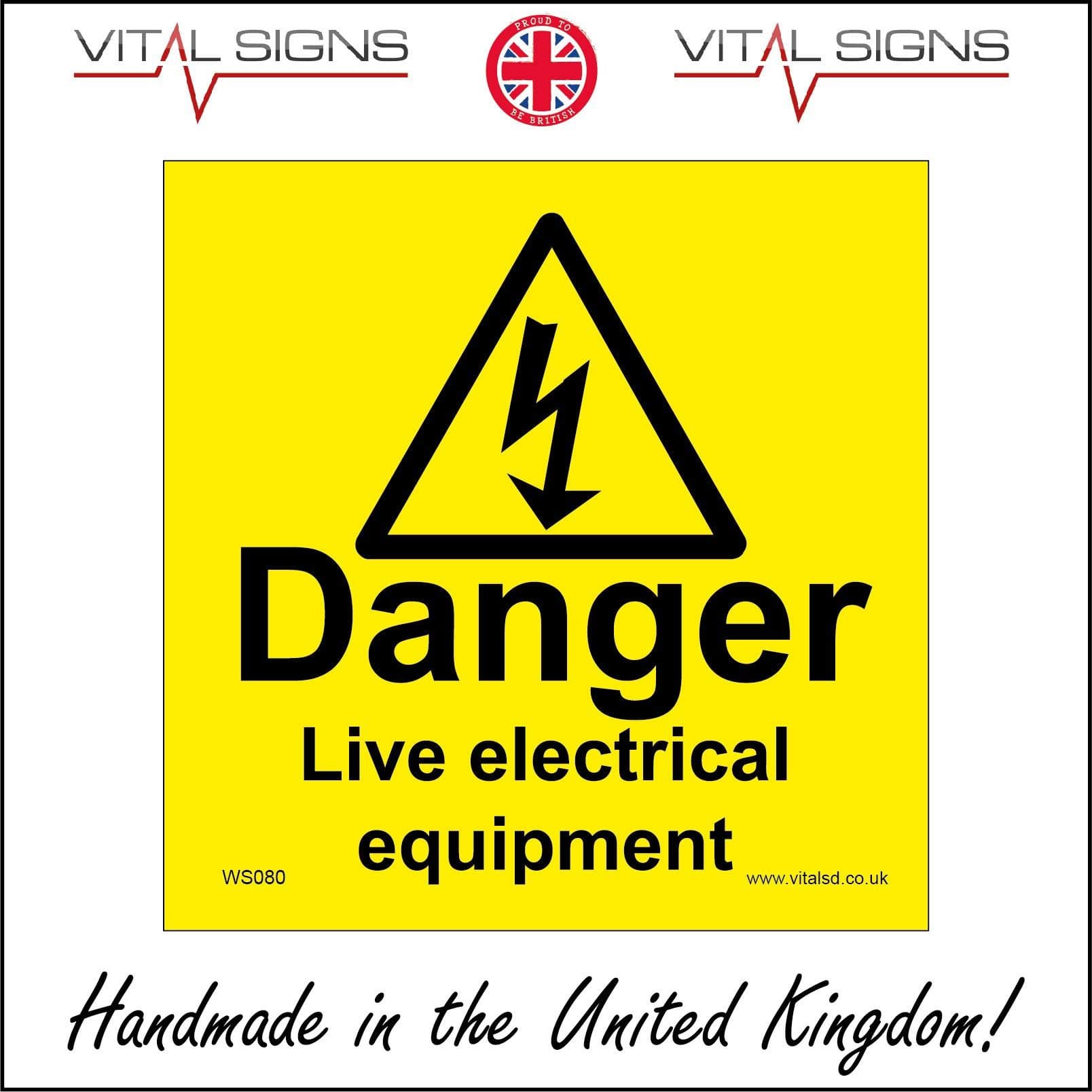 WS080 Danger Live Electrical Equipment Sign Warning Shock Risk Hazard Wires 50mm x 50mm Sticker/Sav - White Background