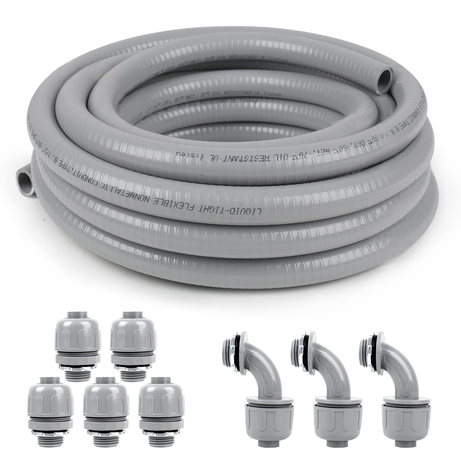 1 inch 25ft Liquid-Tight Conduit and Connector Kit,Flexible Non-Metallic Liquid Tight Electrical Conduit Kit with 5 Straight and 3 90-Degree Connector Fittings,1in. Dia