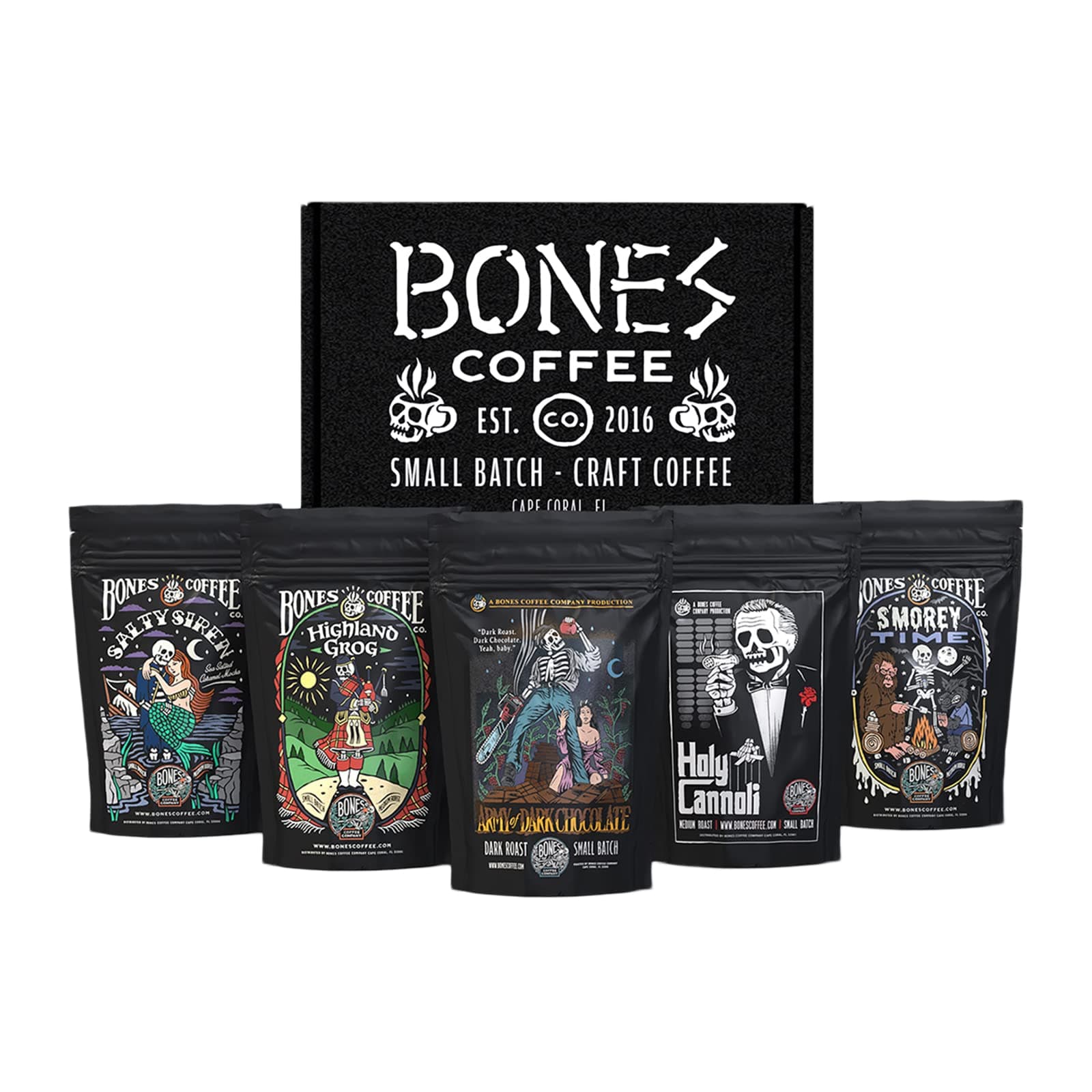 Bones Coffee Company NEW Favorite Flavors Sample Pack, Assorted Flavored Coffee Low Acid Medium Roast Arabica Beans Specialty Coffee Gifts, Auto Drip and French Press Compatible, 4 oz Pack of 5 Ground