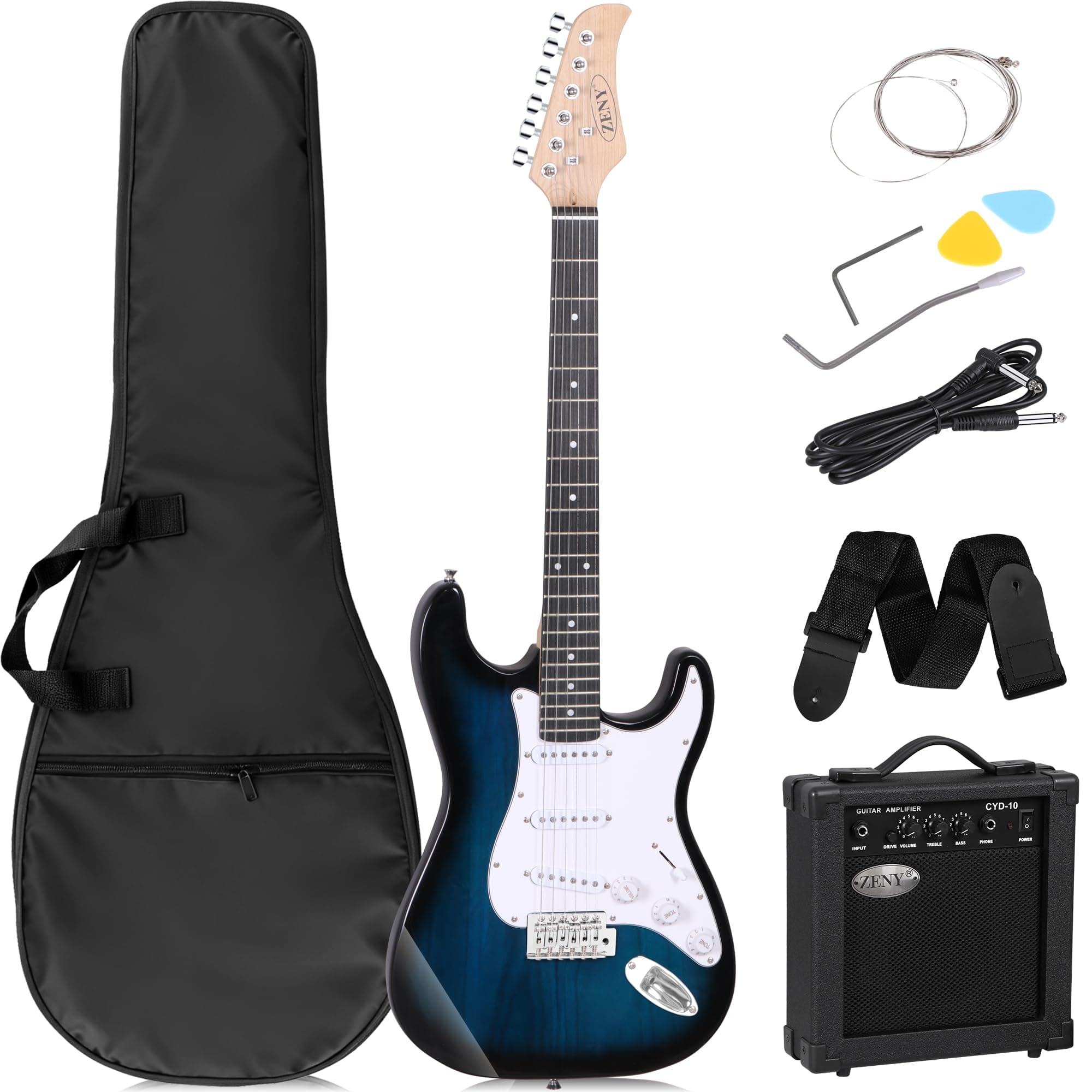 ZENY 39" Full Size Electric Guitar with Amp, Case and Accessories Pack Beginner Starter Package, Blue Ideal Christmas Thanksgiving Holiday Gift