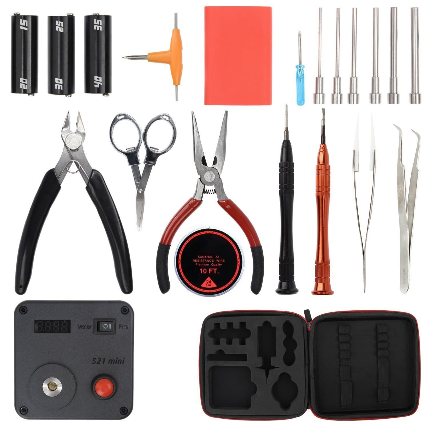 Portable 6 in 1 DIY Coil Jig Tool Kit with Latest Coil Jig (V4)/521 Tab Mini OHM Reader/Tweezers/Heat Resistant Wire Newest Master DIYV3
