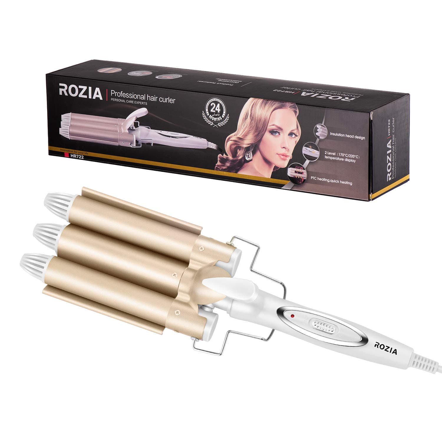 Professional 3-barrel curling iron with 2-speed temperature control (170℃/220℃) curling tongs, big wave perm splint with PTC ceramic coating, curling styling tool, temperature indicator, dual voltage
