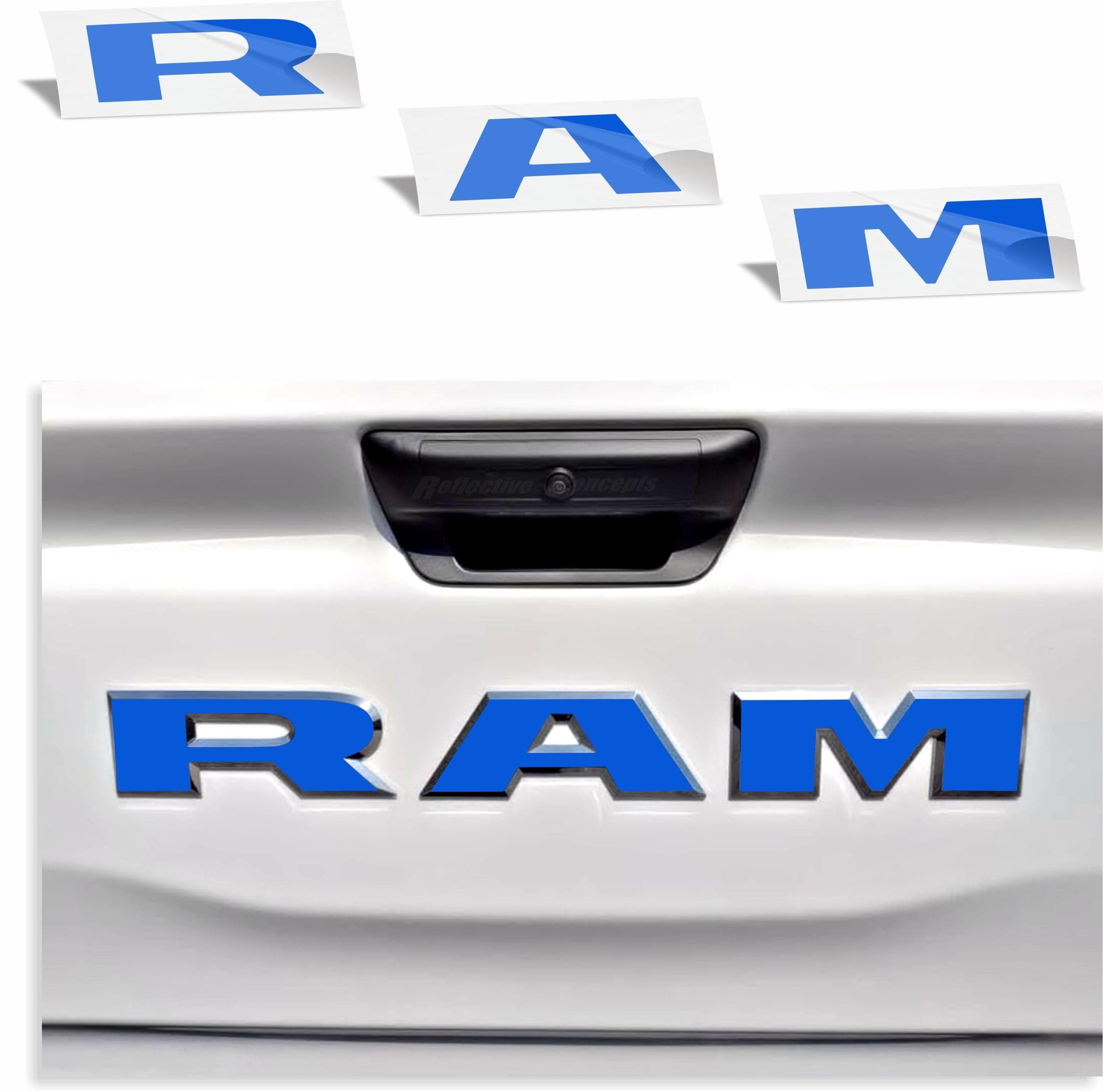 RAM Tailgate Emblem Overlay Decal Stickers 2025-2026 Ram 1500 (Color: Reflective Blue)