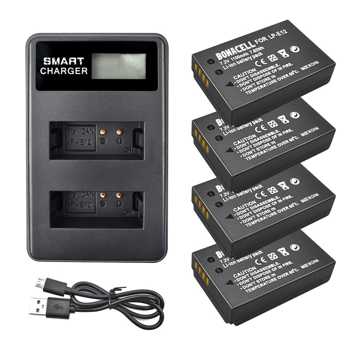 Bonacell LP-E12 Battery 4 Pack and LCD Dual Charger Kit for Canon EOS M100, Rebel SL1, EOS100D, EOS M, EOS M2, EOS M10, EOS M50 Mirrorless Digital Camera