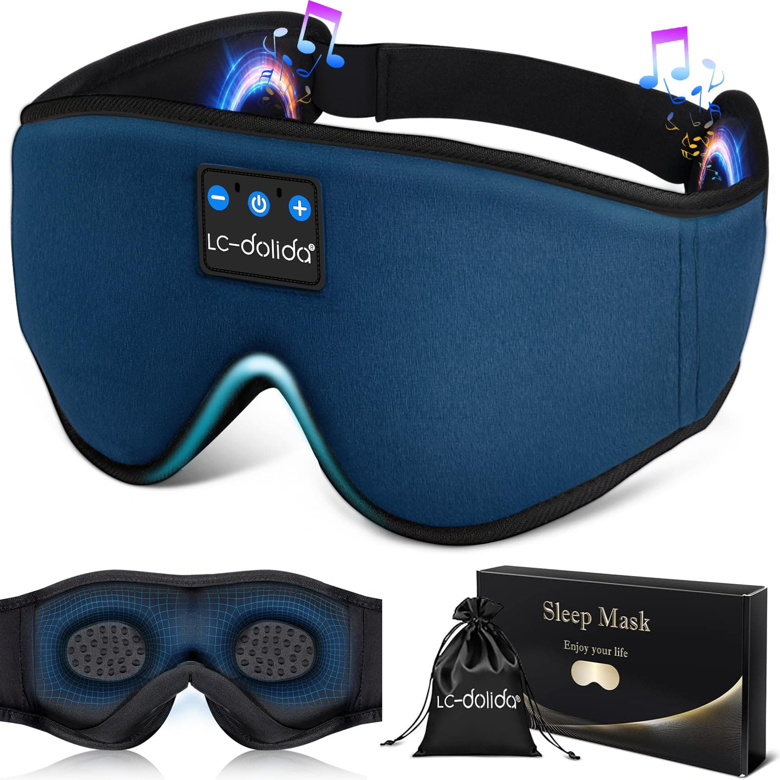 LC-dolida Sleeping Headphones Eye Mask, Sleep Mask with Bluetooth Headphones 3D Eye Mask Wireless Music Cotton Sleep Cover for Side Sleepers Nap Insomnia Air Travel Meditation Gifts for Unisex