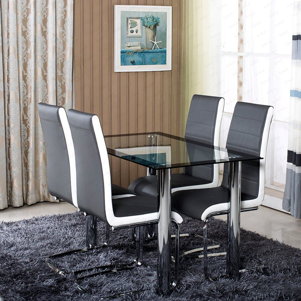 Schindora® Dining Room Set 4 Faux Leather Chairs with Chrome Legs and 1 Glass Table