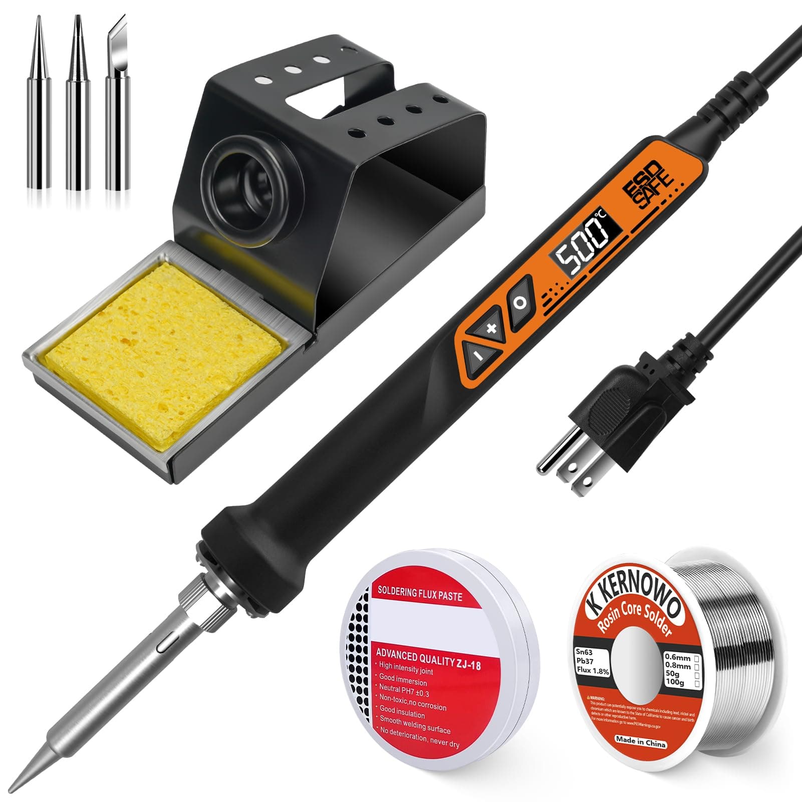 Soldering Iron, 160W High Power Soldering Tool, LED Digital Display Temperature Control Accurate 392°F-932°F, with ON/OFF Switch, 3 Iron Tips, Stand,Flux, Automatic Sleep Mode