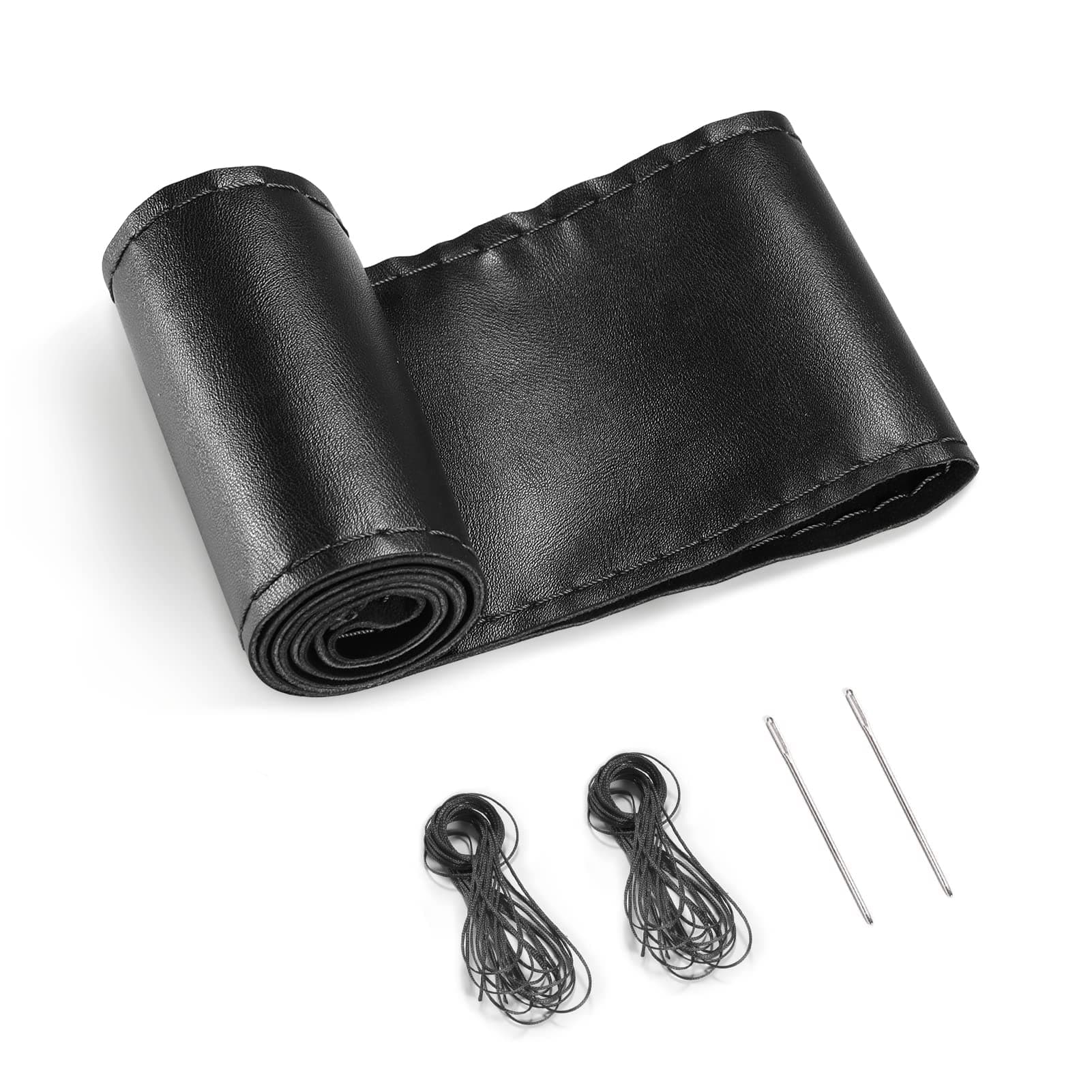 MAKINGTEC Genuine Leather Steering Wheel Cover, Stitch On Wrap, for 14 1/2-15 inches Round and D-Type Steering Wheels, Black