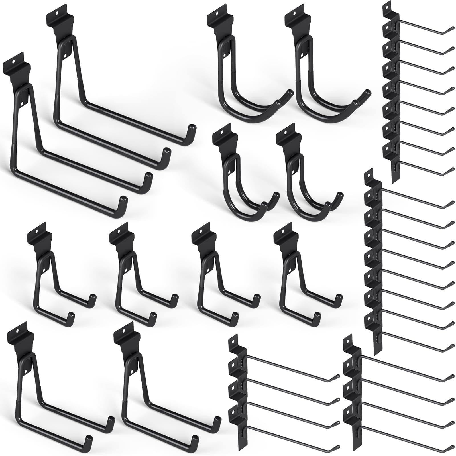 INCLY 36 Pack Heavy Duty Slatwall Hooks, Black Slatwall Panel Accessories Assortment, Slat Wall Hanging Hooks and Hangers for Garages, Sheds, Basements, Retail Stores