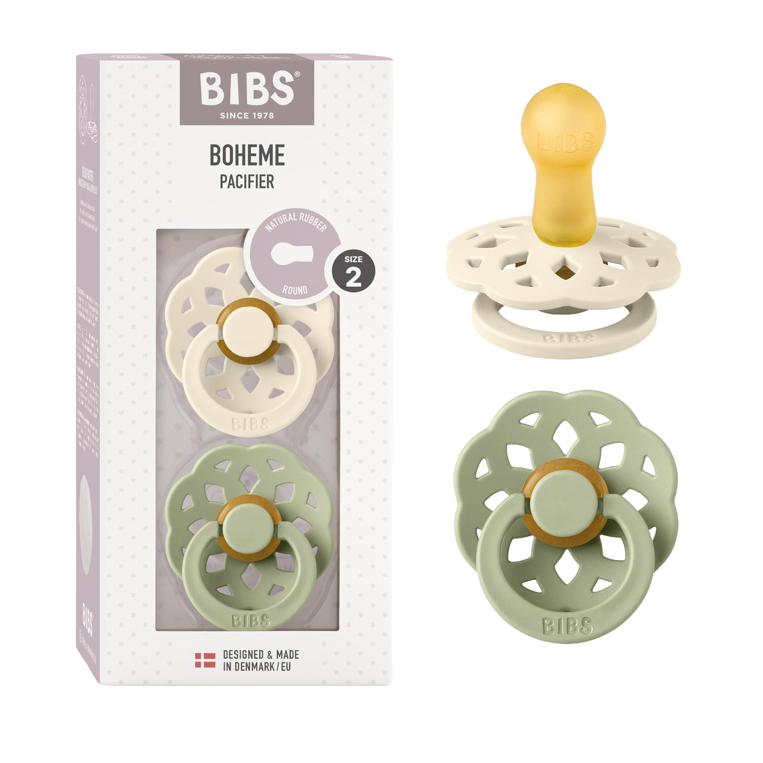 Bibs Boheme Natural Rubber Latex Round Pacifier Size 2-6-18M 2-Pack - Ivory/Sage
