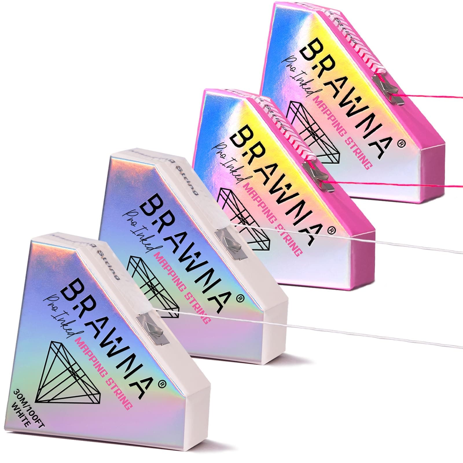 BRAWNA 30 Meters White and Pink Eyebrow and Lip Mapping String - Brow Measuring Tool - PMU Supplies - Microblading Kit - Brow Lamiantion and Henna Supplies - 4 pack