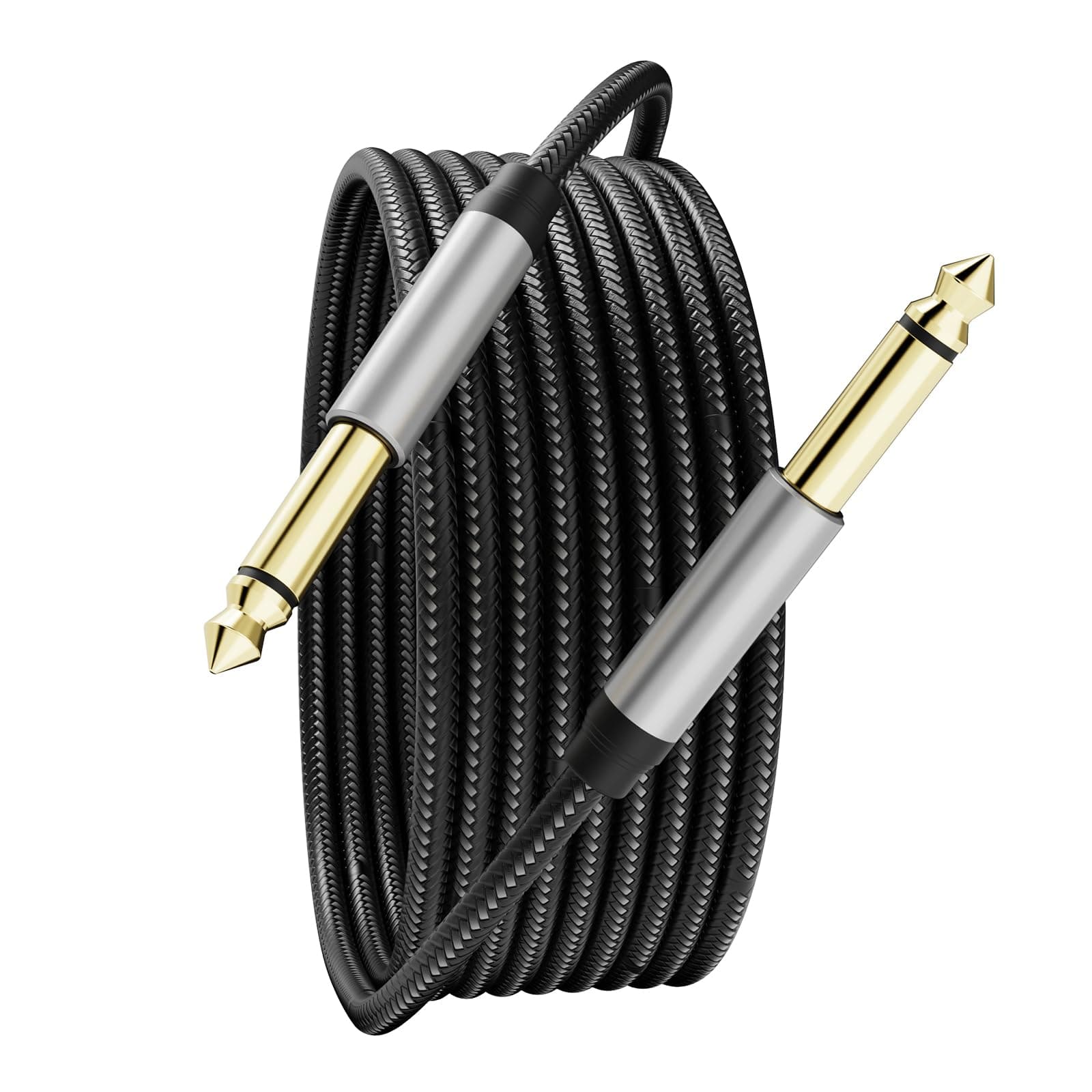 6.35mm Instrument Cable 10Ft,Silver Color Premium 6.35mm Mono Jack 1/4" TS Cable Unbalanced Guitar Patch Cords/Instrument Cable Male to Male with Zinc Alloy Housing and Nylon Braid(10Ft/3M)
