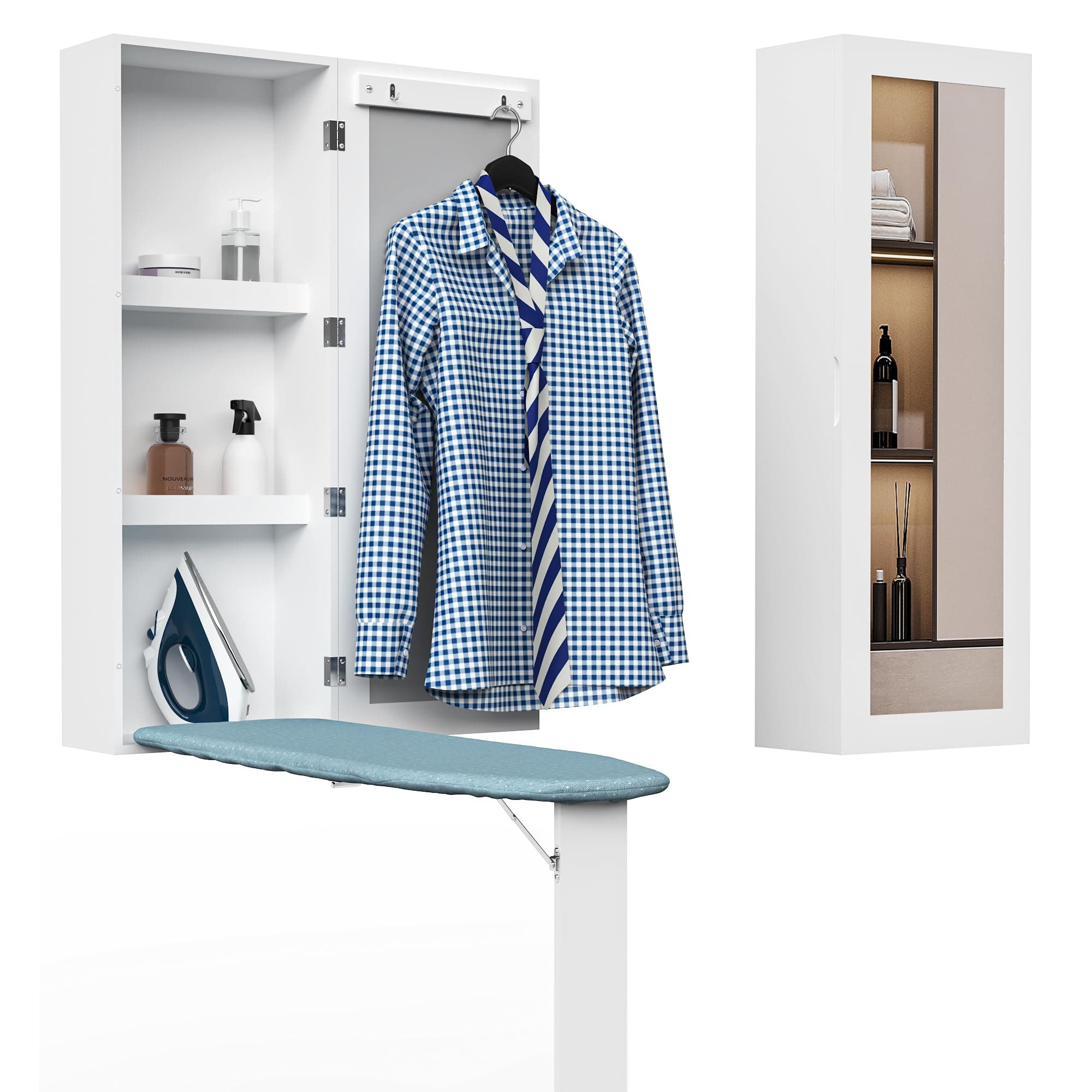 Wall Mounted Ironing Board Cabinet with Iron Storage, Built in Ironing Center, Hanging Ironing Board for Laundry, Folding Leg & Mirror