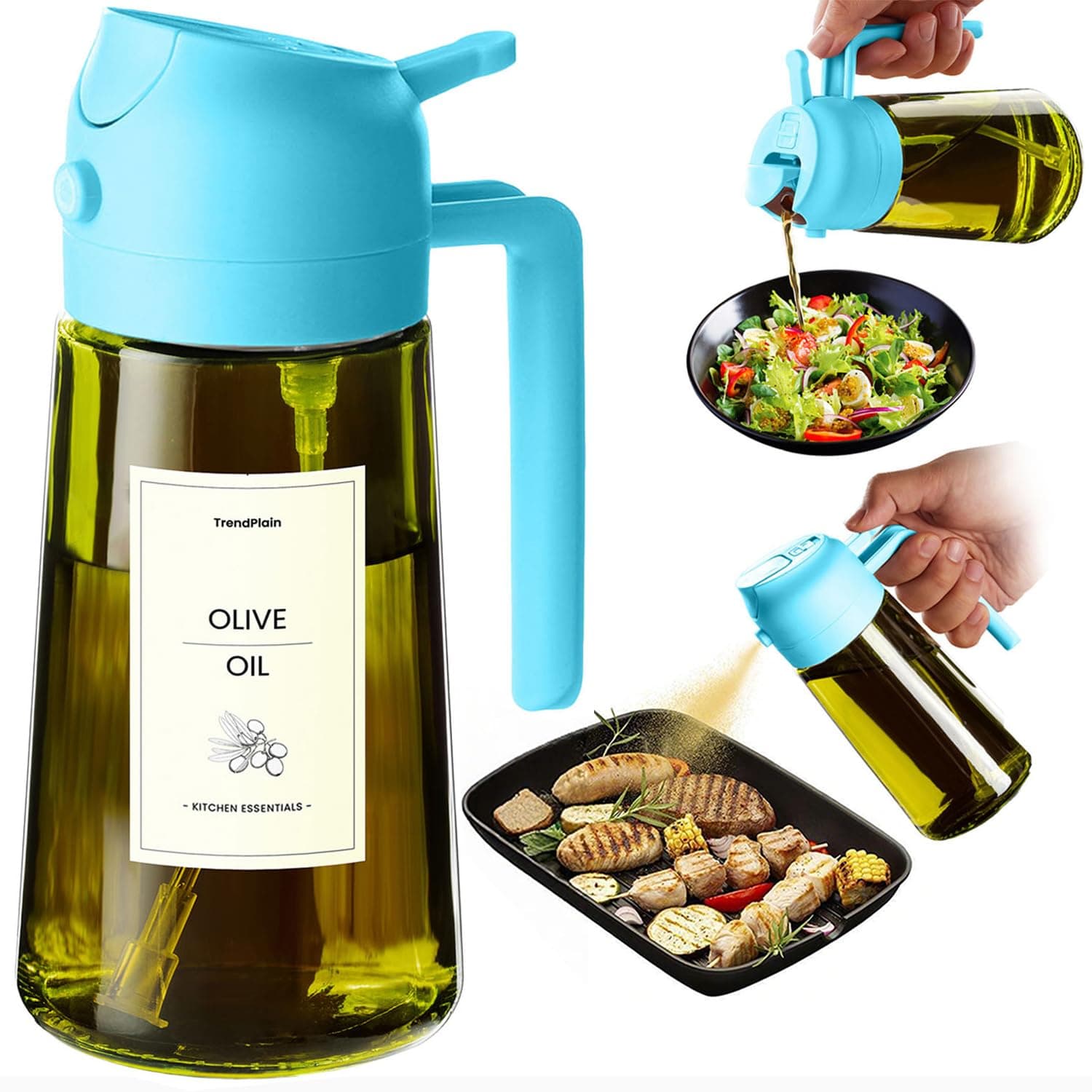 TrendPlain - Original 16oz/470ml Olive Oil Dispenser Bottle for Kitchen Gadgets and Air Fryer Accessories - Olive Oil Sprayer for Cooking w/Stickers - Sky Blue
