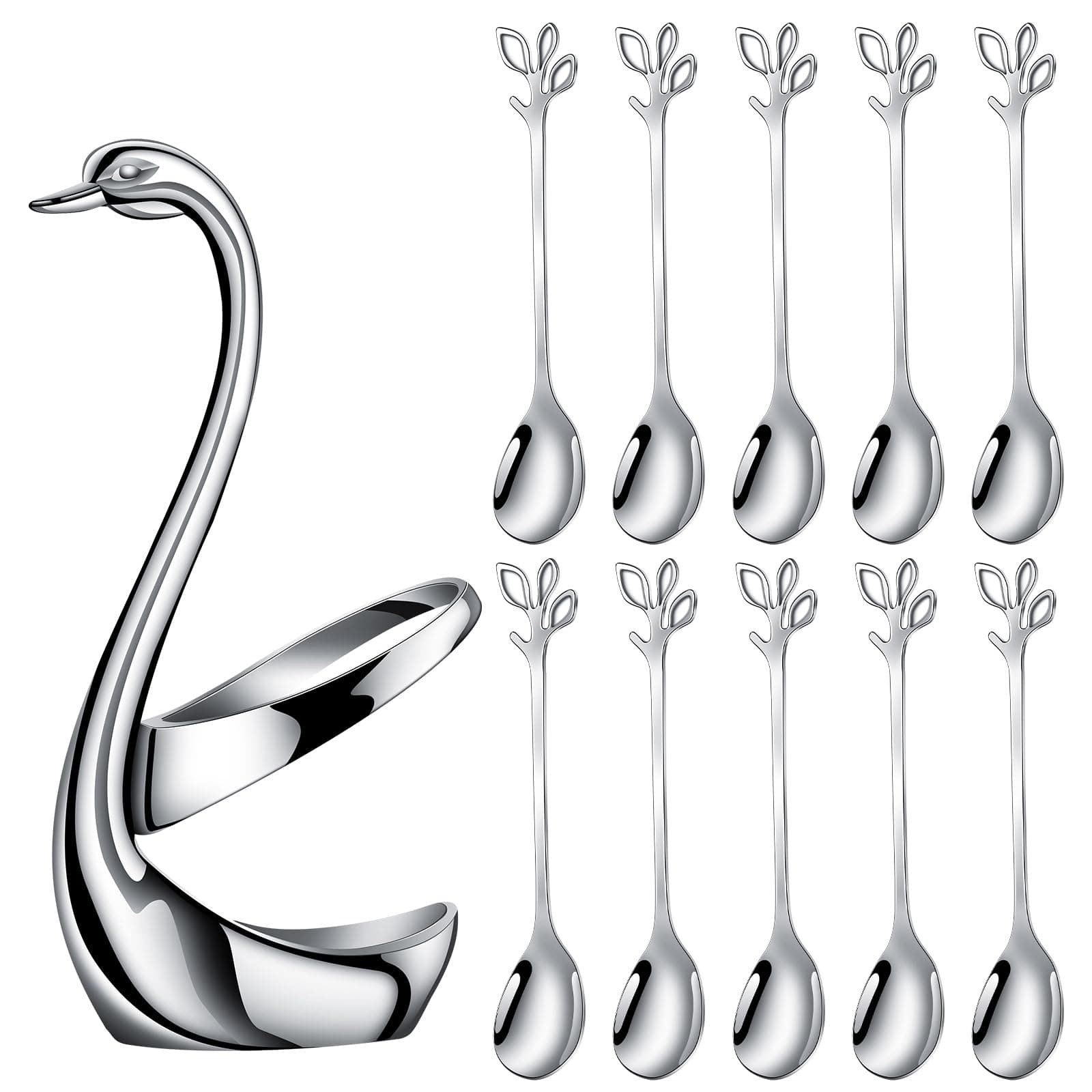 Decorative Swan Base Holder with 10pcs 4.7’’ Coffee Spoon set, Creative Silver Leaf Dessert Spoons,Premium Food Grade Stainless Steel,Mirror Finish & Dishwasher Safe (Silver+10Soopn)