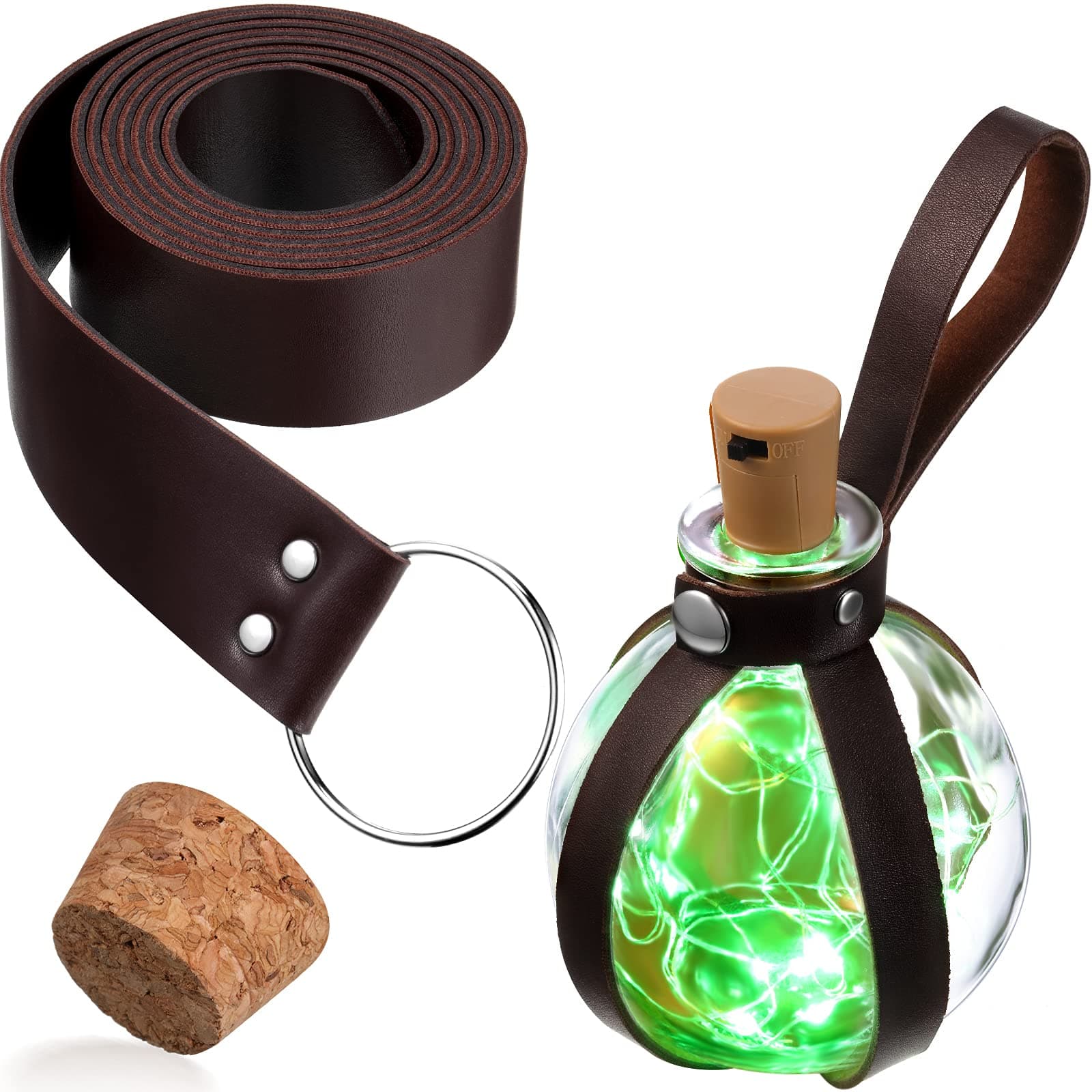 Geyoga Halloween Witch Potion Bottles Wizard Staff Solar Light up Medieval Renaissance Witch Accessories Dark Magic Cork Bottle with Belt Decor(Green Cork Light)