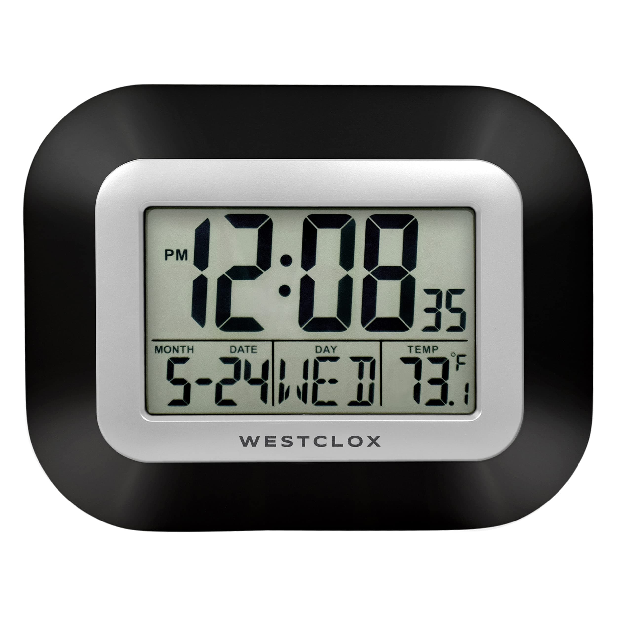 Westclox Large Digital Wall Clock Battery Operated with Temperature Date and Day of Week with Alarm | Modern Digital Desk Clock for Office Kitchen Bedroom or Living Room | Black